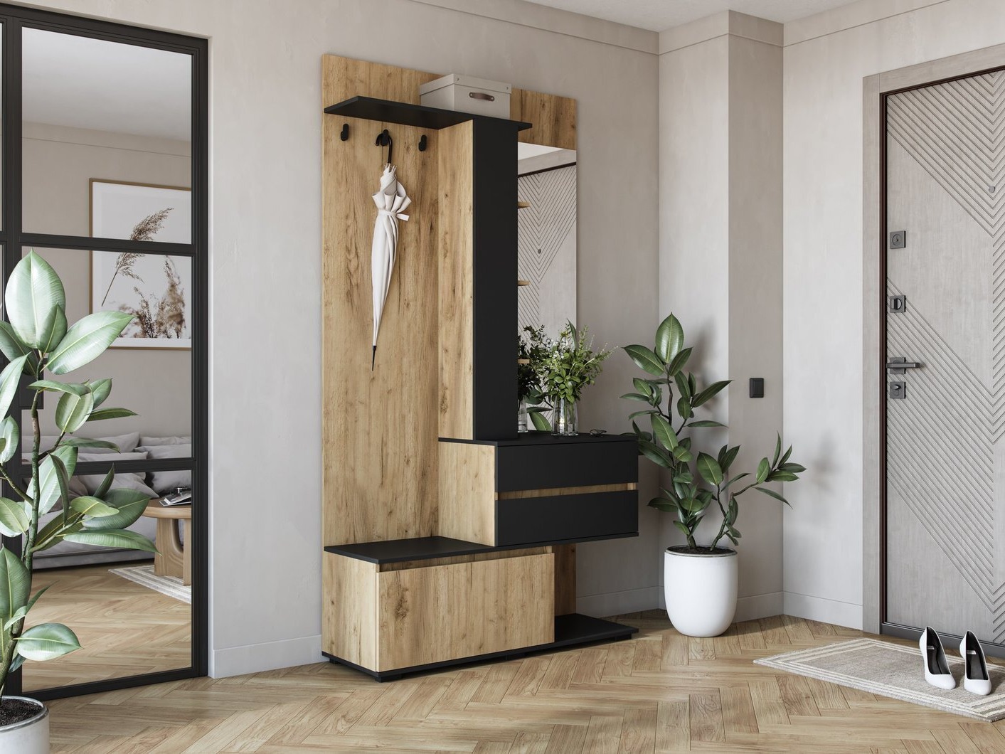 Set arredo da corridoio Houston 2123 (Quercia dorata + Nero)