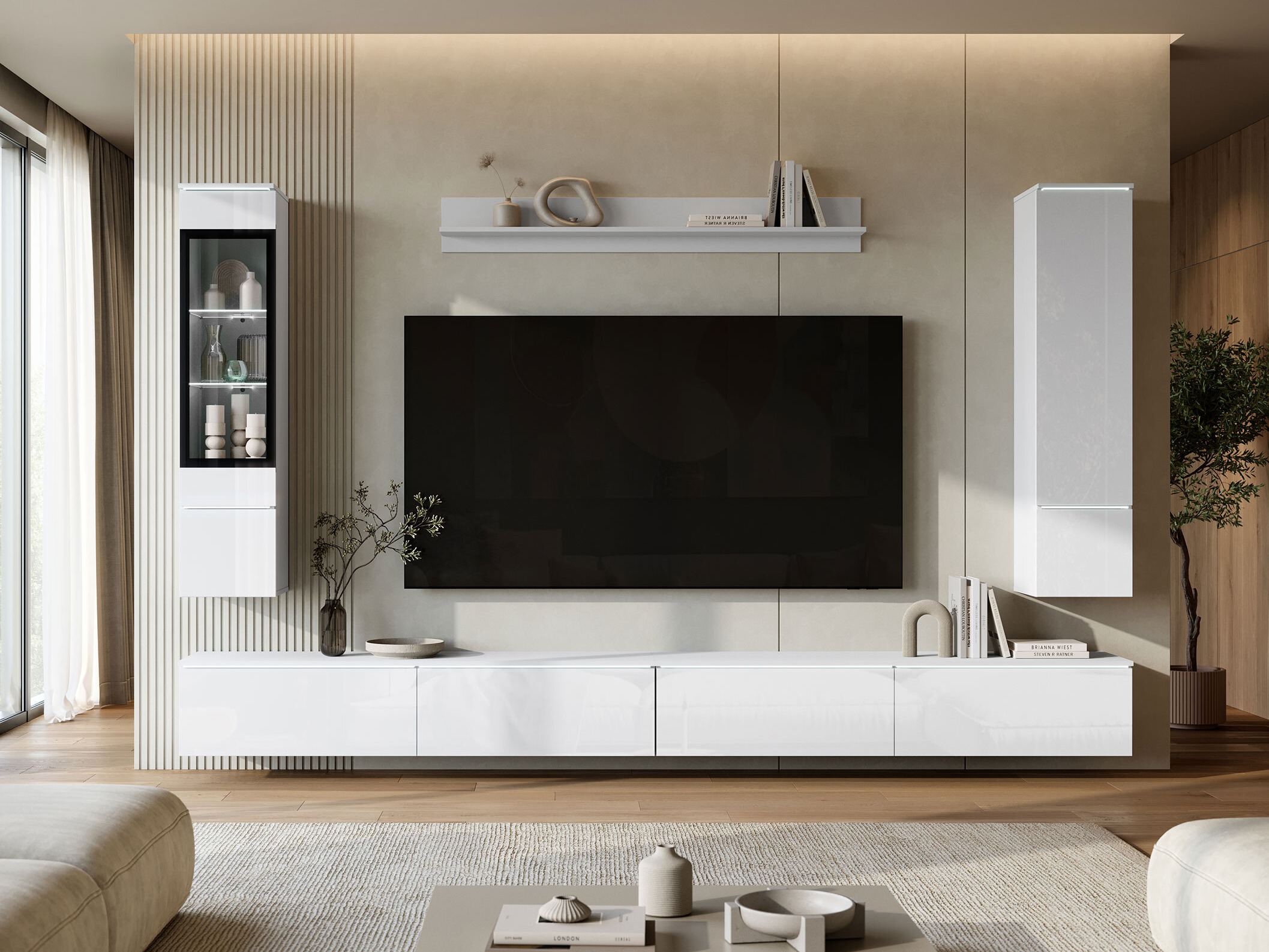 Parete attrezzata Mirfivo 110 (Bianco + Bianco lucido)