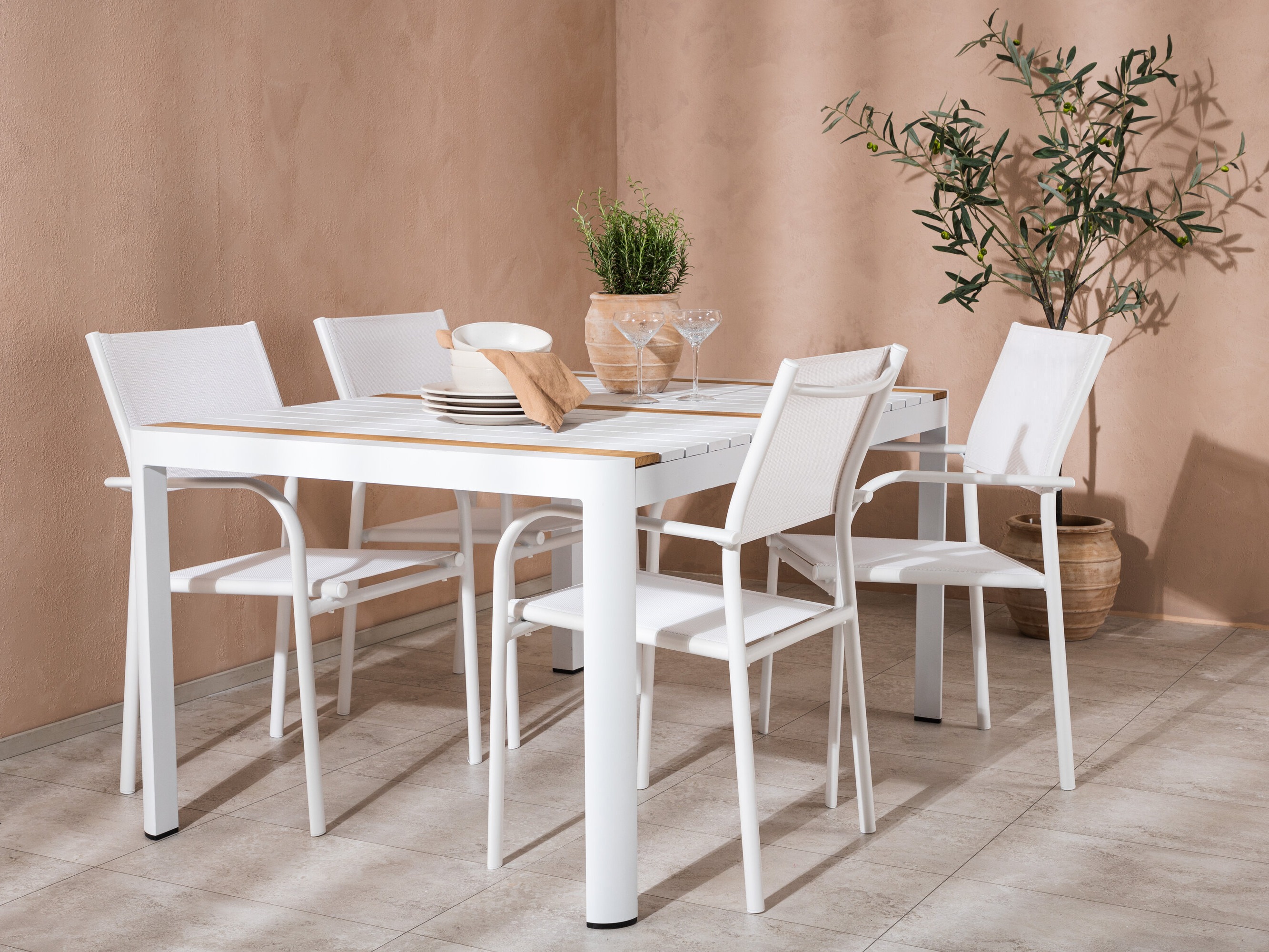 Tavolo e sedie set Dallas 5318 (Bianco + Teak)