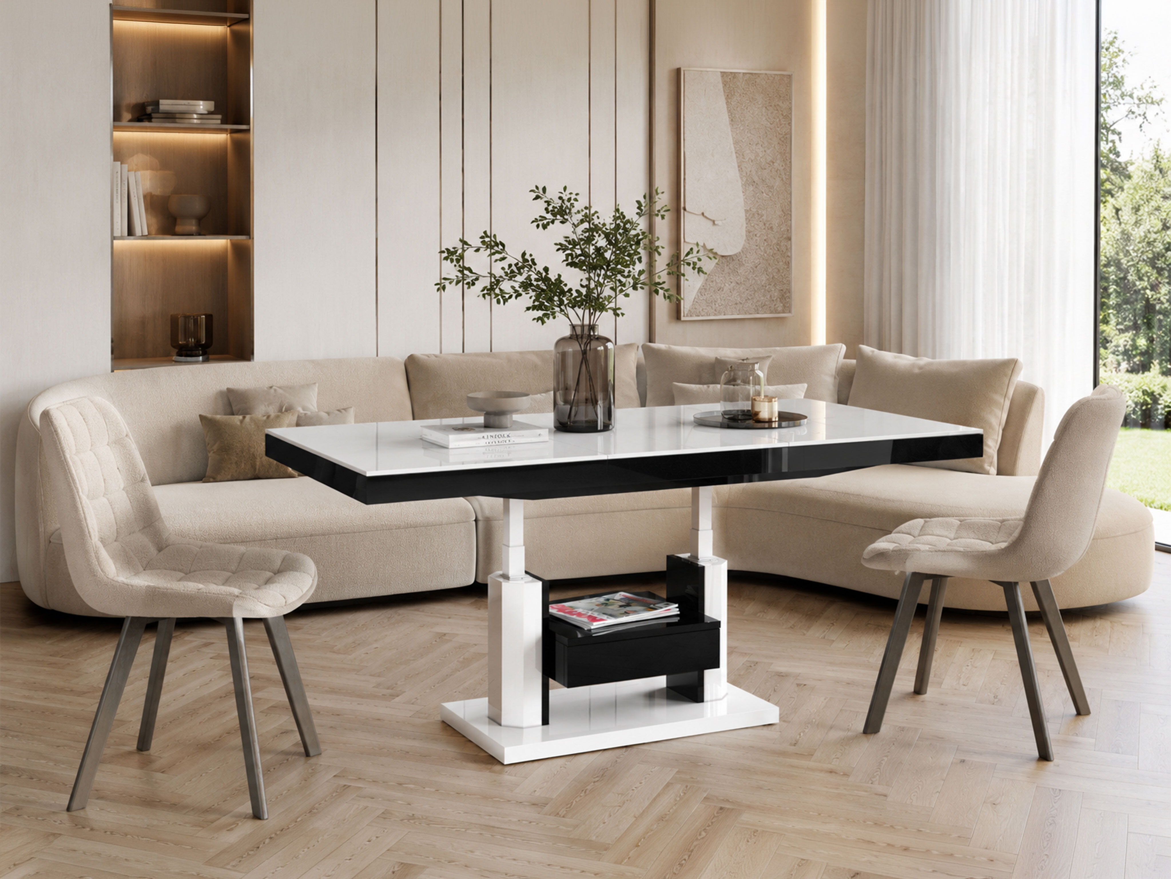 Tavolino trasformabile Hoboken 100 (Bianco lucido + Nero lucido)