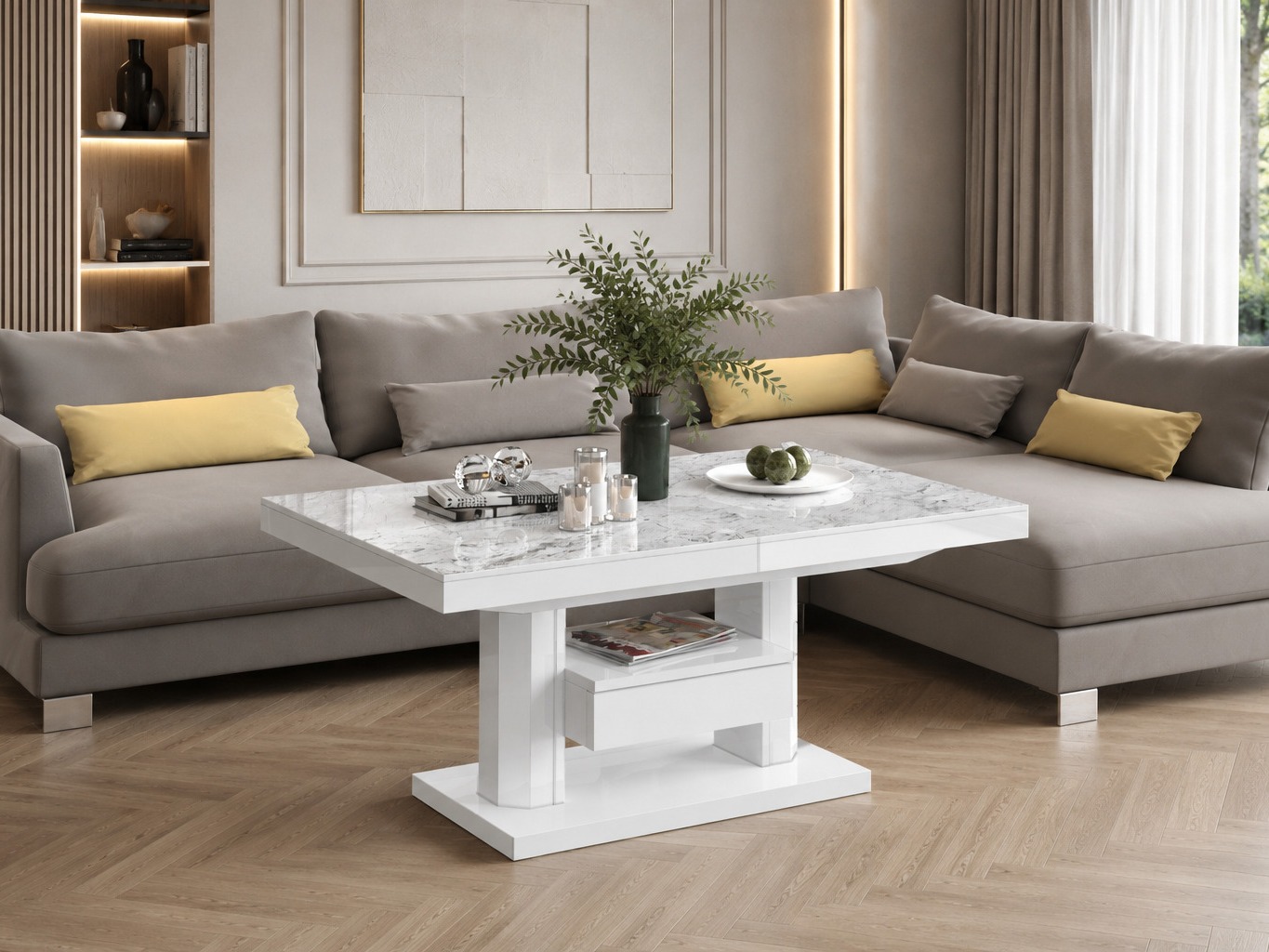 Tavolino trasformabile Hoboken 100 (Marmo bianco + Bianco lucido)