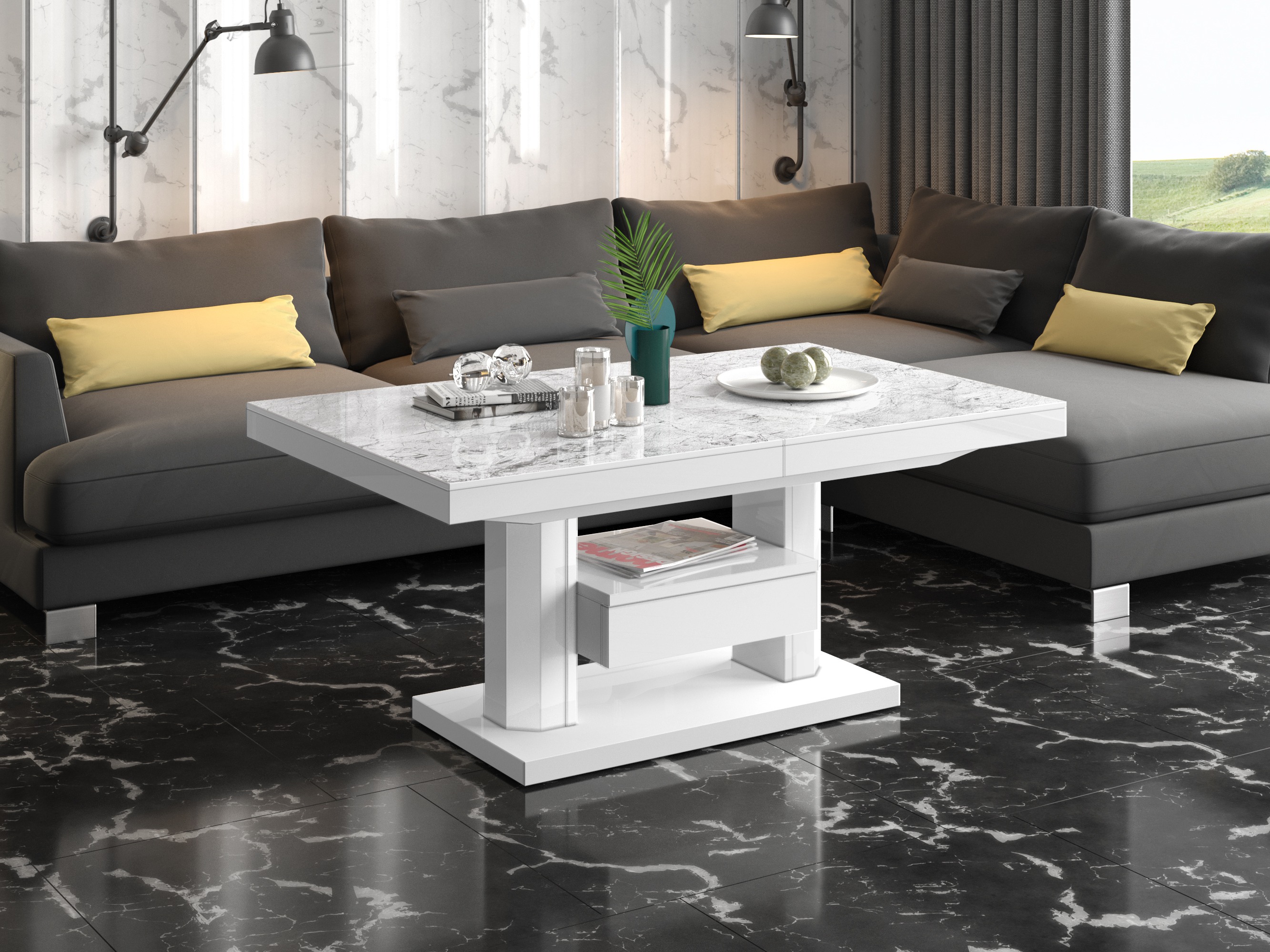 Tavolino trasformabile Hoboken 100 (Marmo bianco + Bianco lucido)