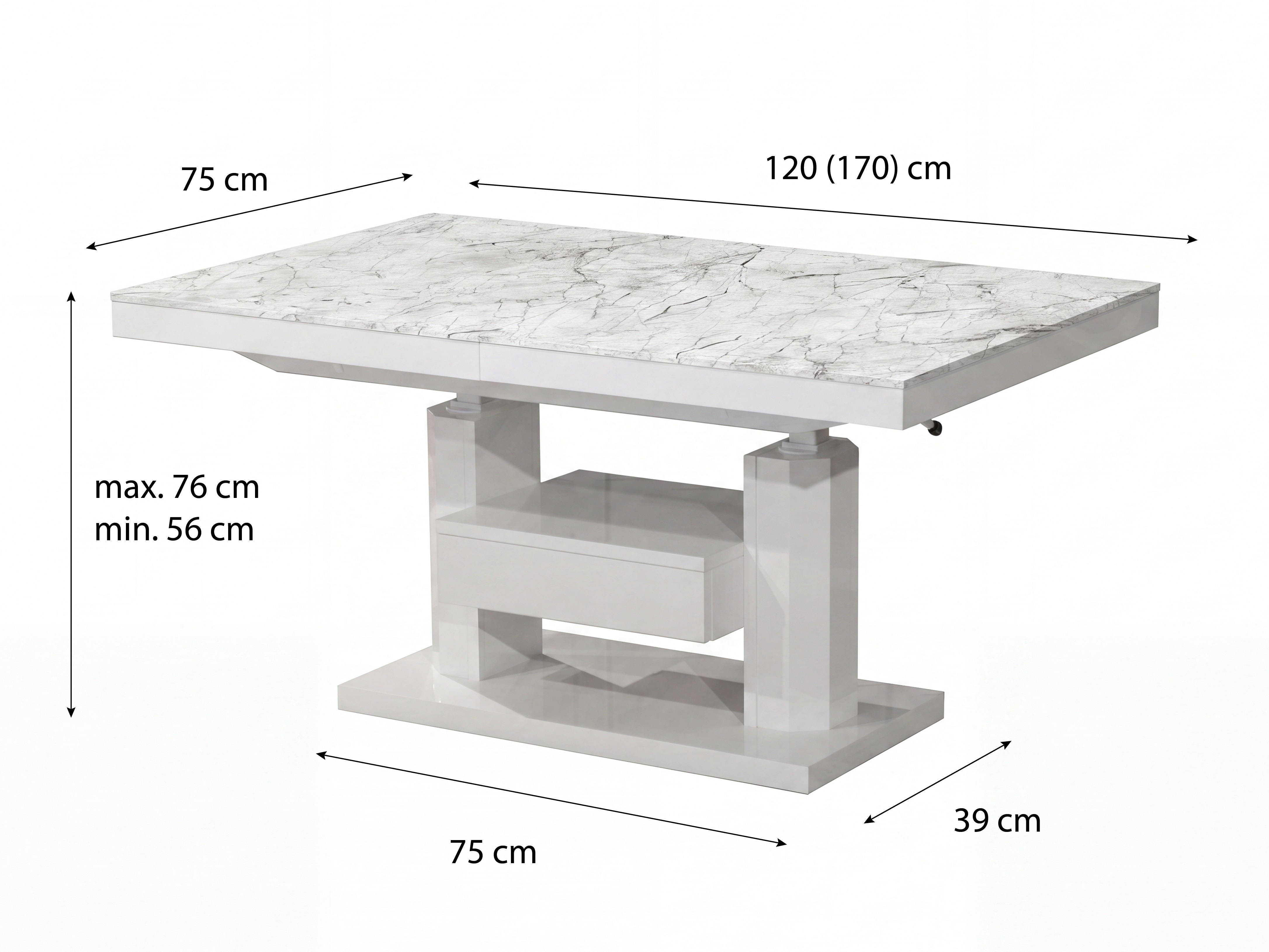 Tavolino trasformabile Hoboken 100 (Marmo bianco + Bianco lucido)