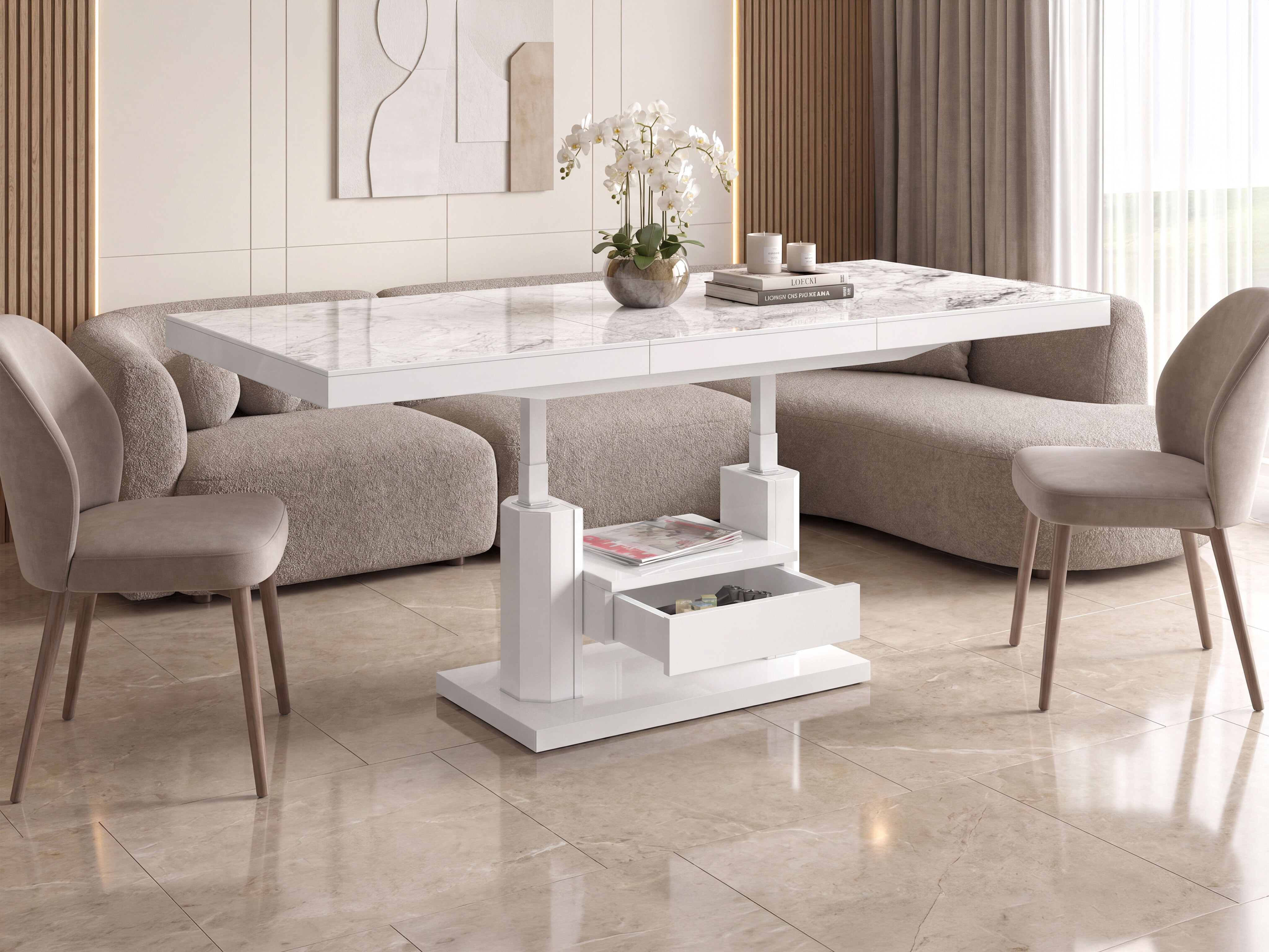 Tavolino trasformabile Hoboken 100 (Marmo bianco + Bianco lucido)