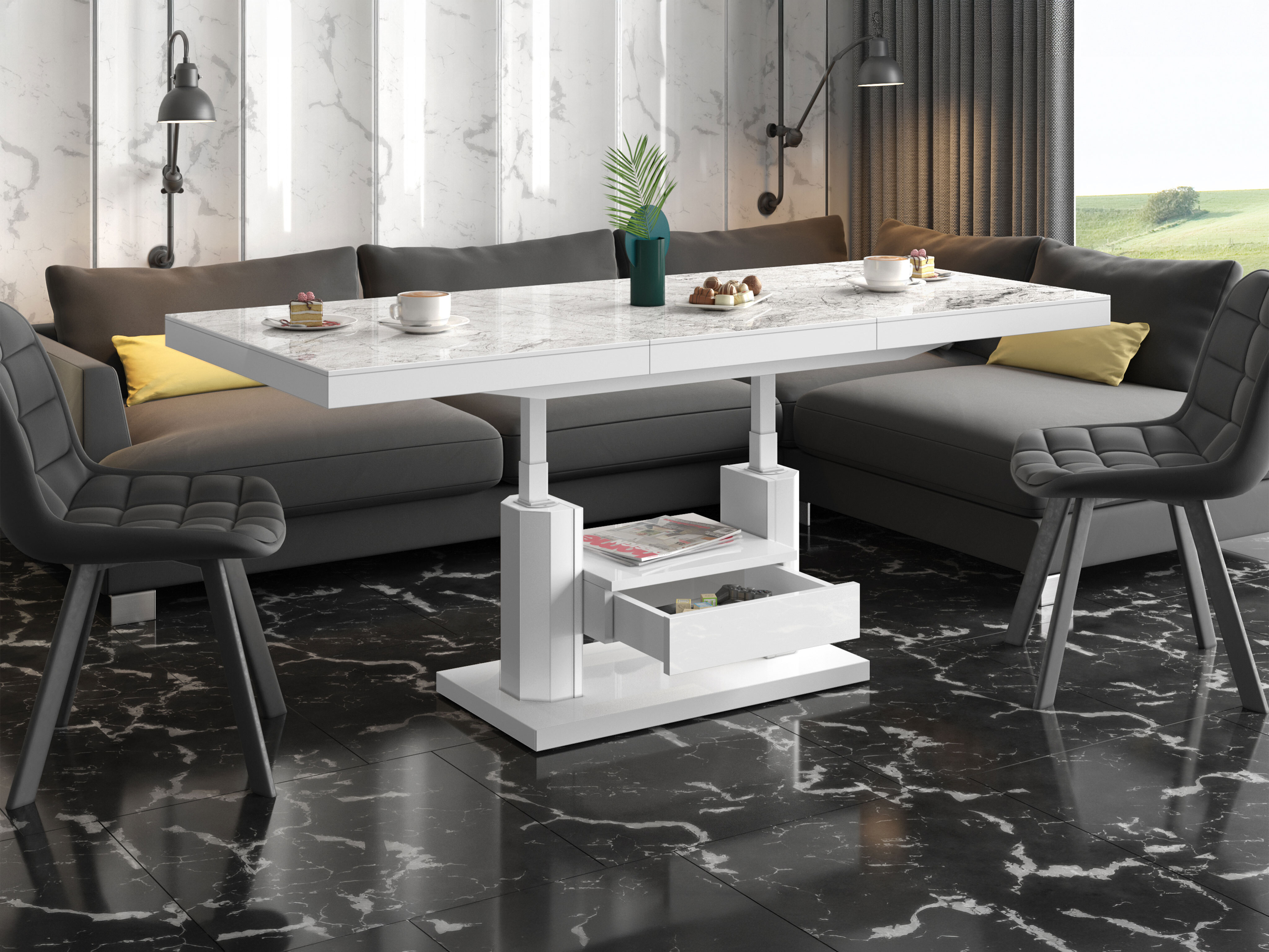 Tavolino trasformabile Hoboken 100 (Marmo bianco + Bianco lucido)