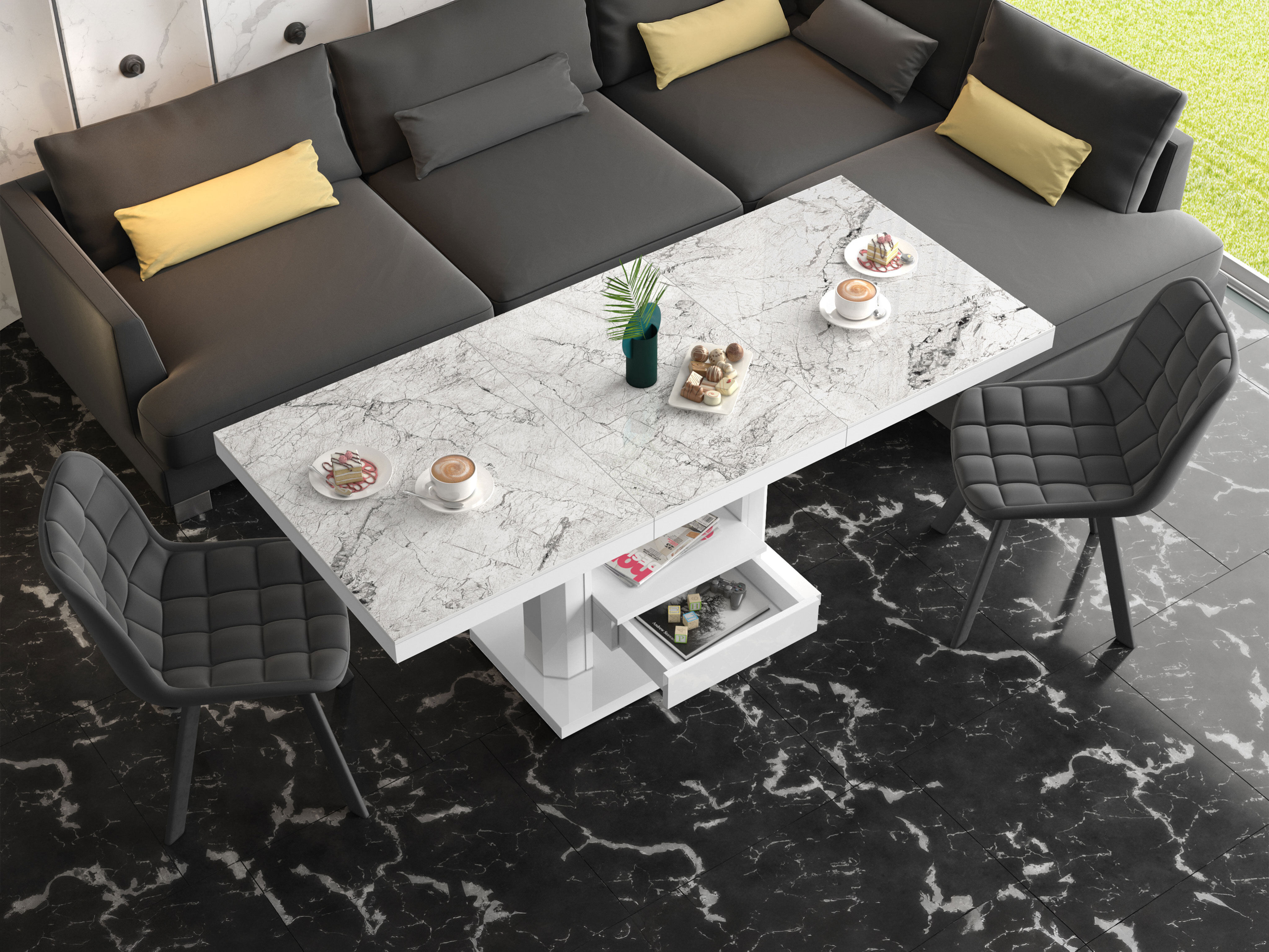 Tavolino trasformabile Hoboken 100 (Marmo bianco + Bianco lucido)