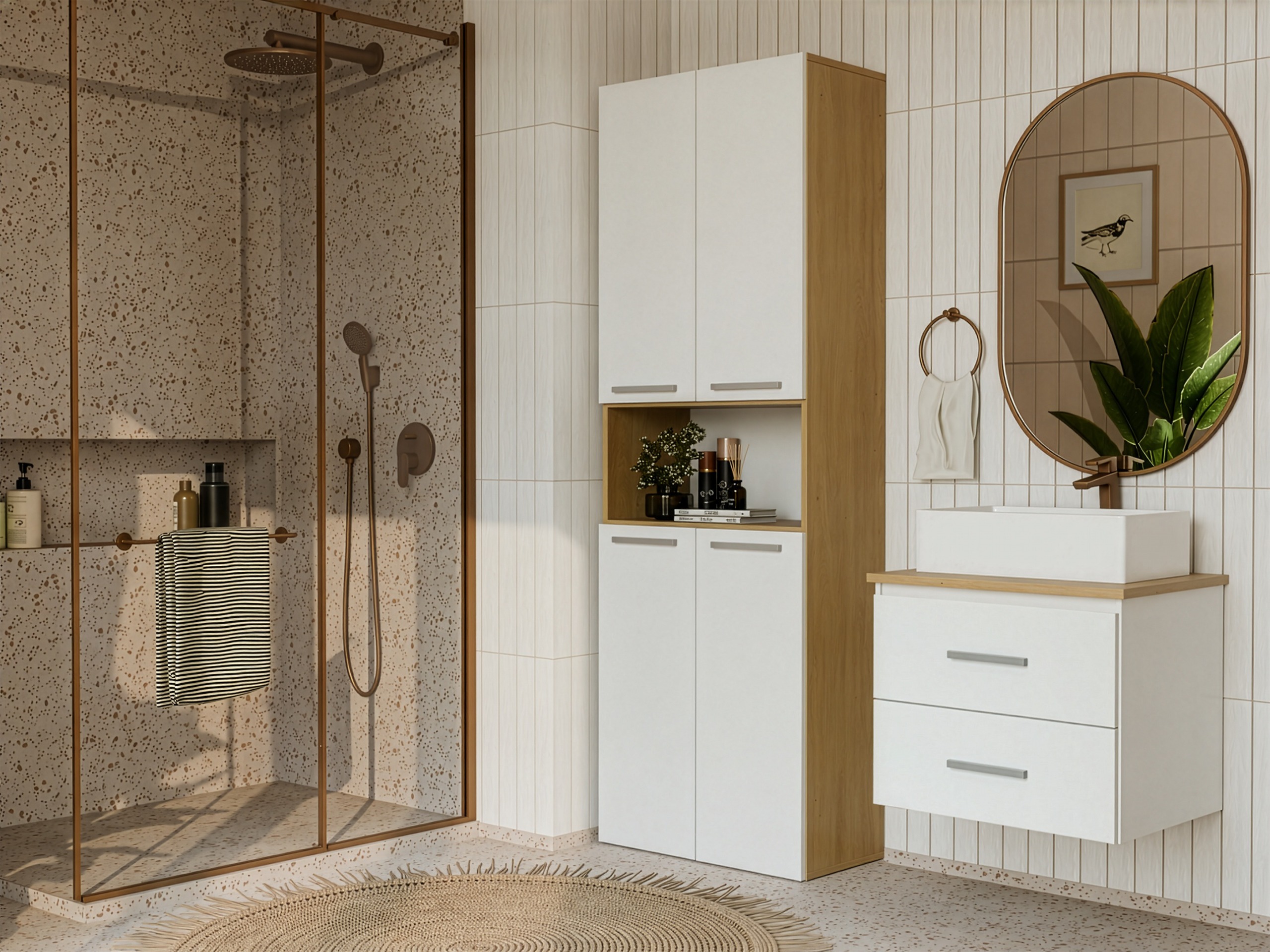Comodino da bagno per lavandino Nolmaru 112 (Bianco + Rovere Artisan)