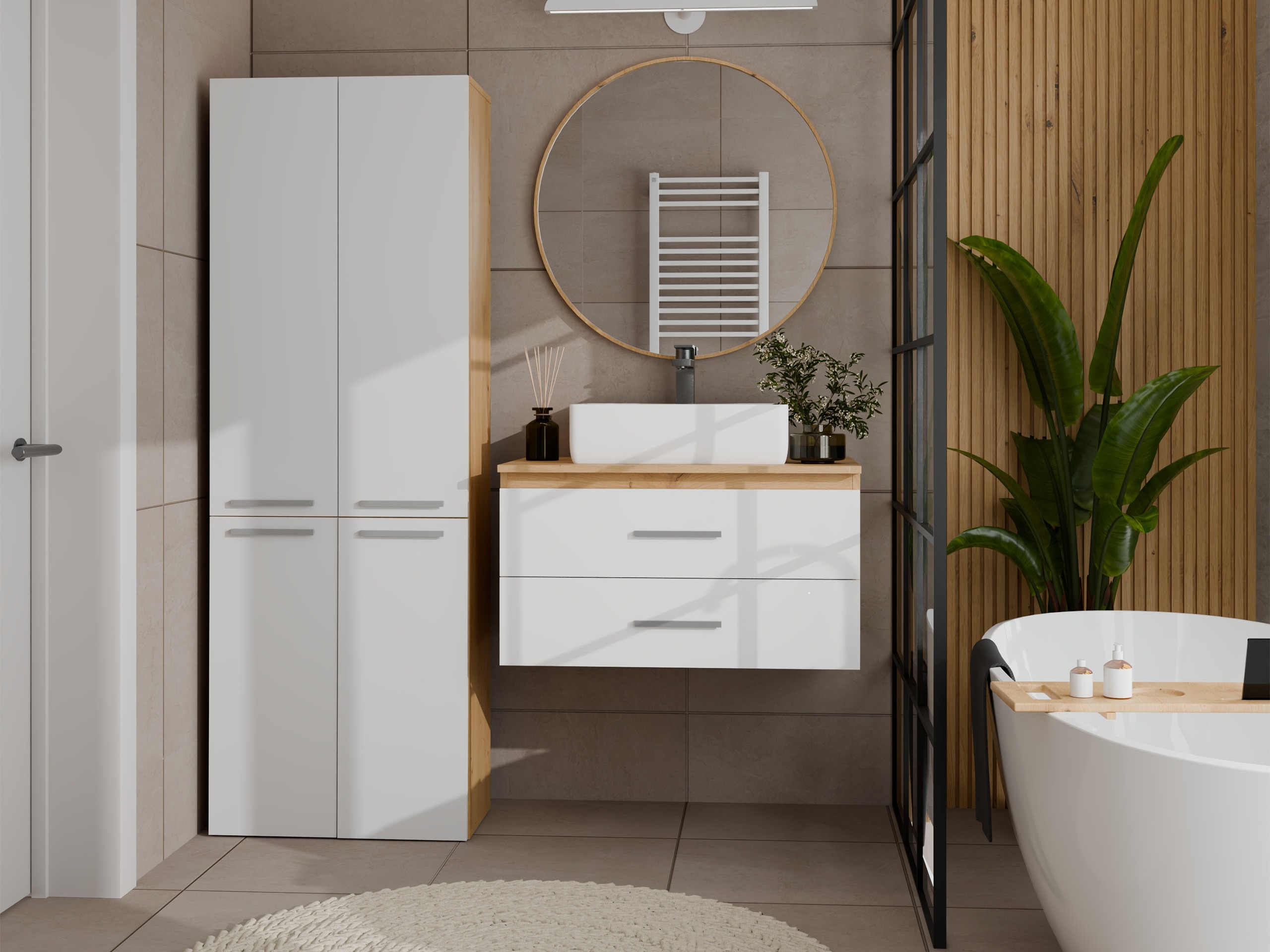 Mobiletto del bagno Nolmaru 102 (Rovere Artisan + Bianco)