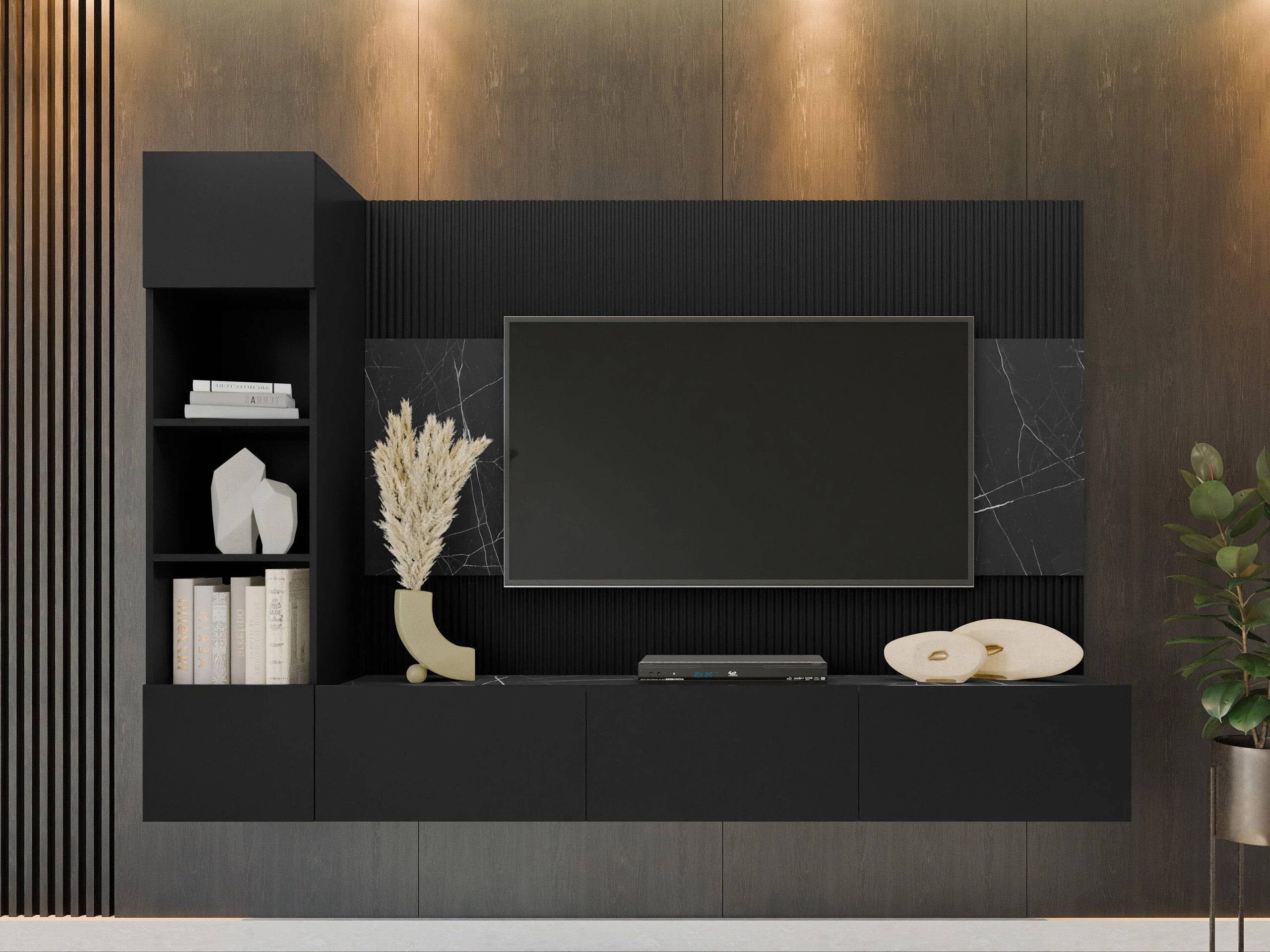 Parete attrezzata Comfivo Salix II (Nero + Marmo nero)