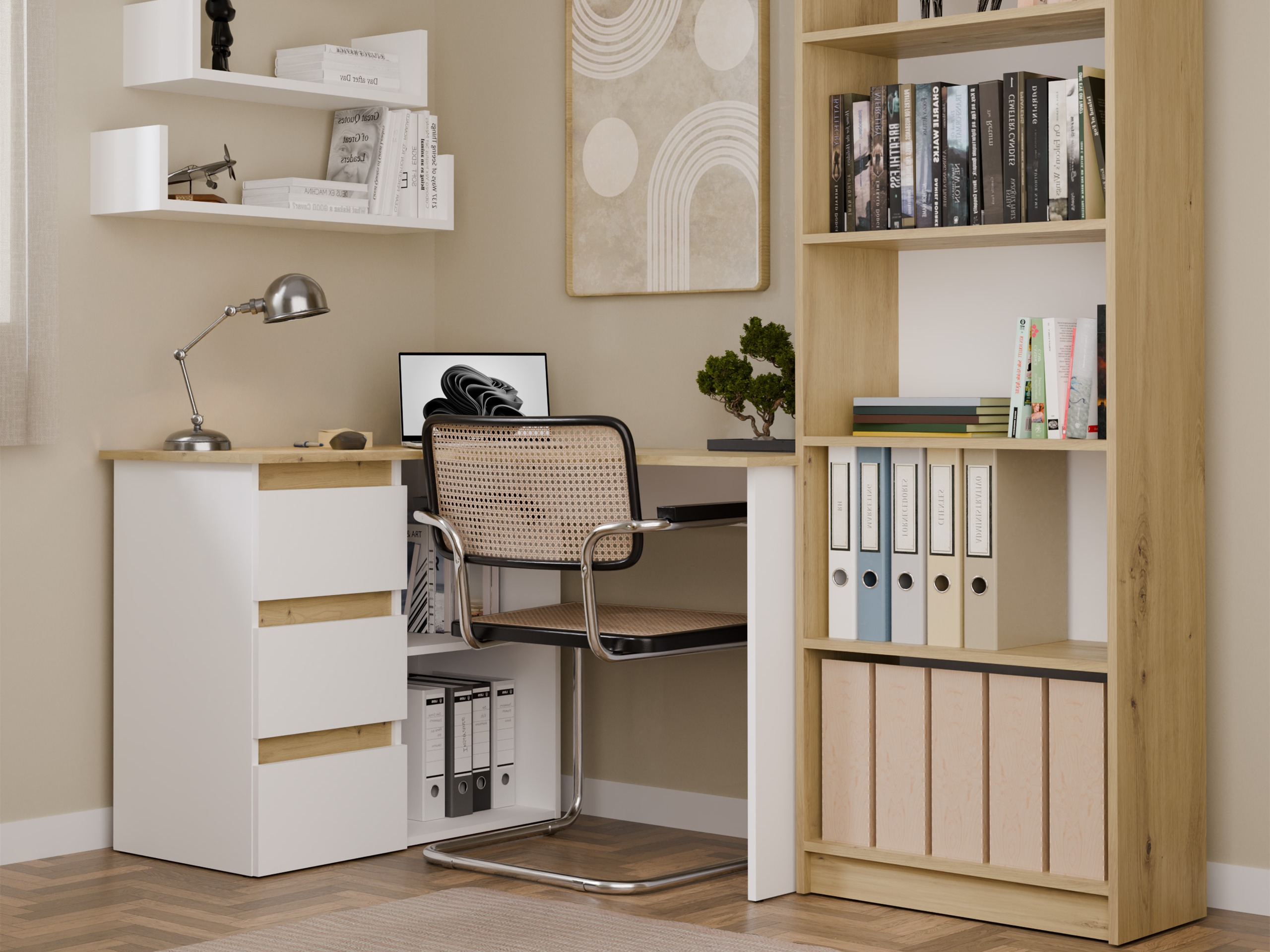 Scrivanie angolare Mandeville 365 (Rovere Artisan + Bianco)