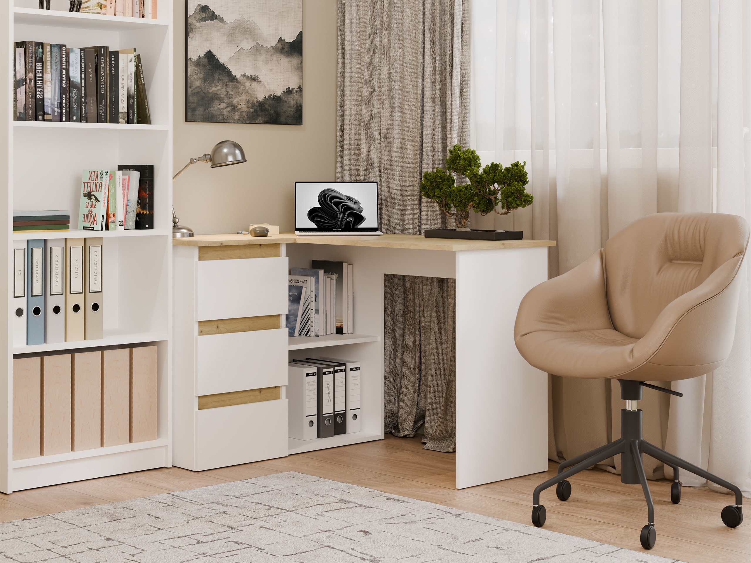 Scrivanie angolare Mandeville 365 (Rovere Artisan + Bianco)