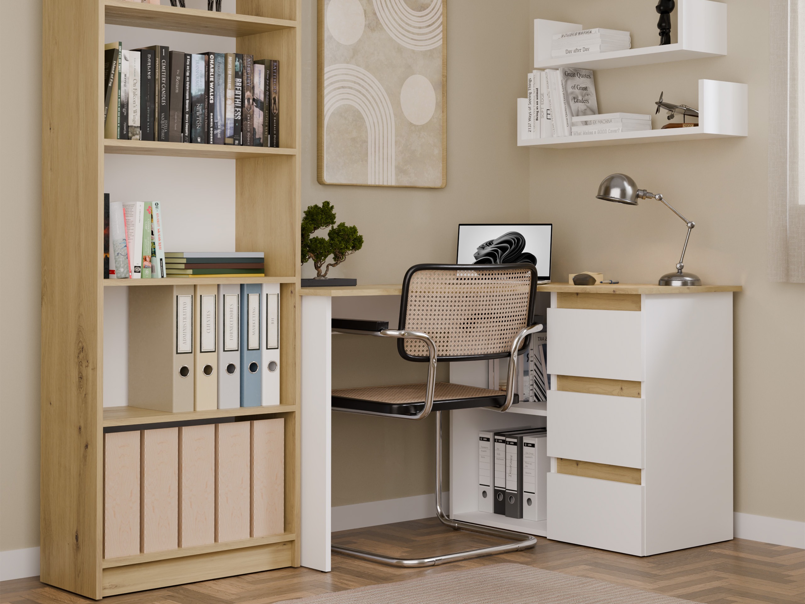 Scrivanie angolare Mandeville 365 (Rovere Artisan + Bianco)