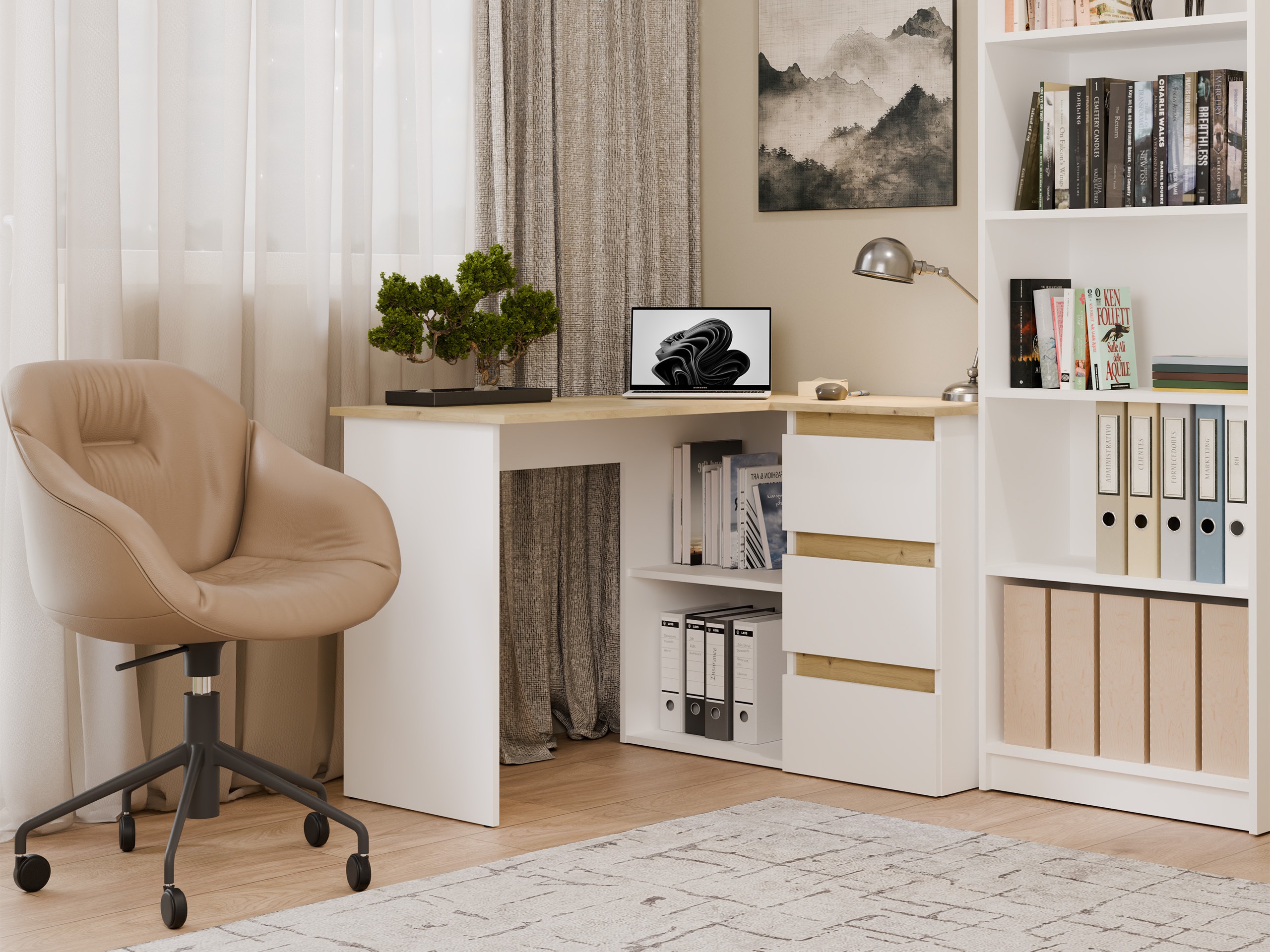 Scrivanie angolare Mandeville 365 (Rovere Artisan + Bianco)
