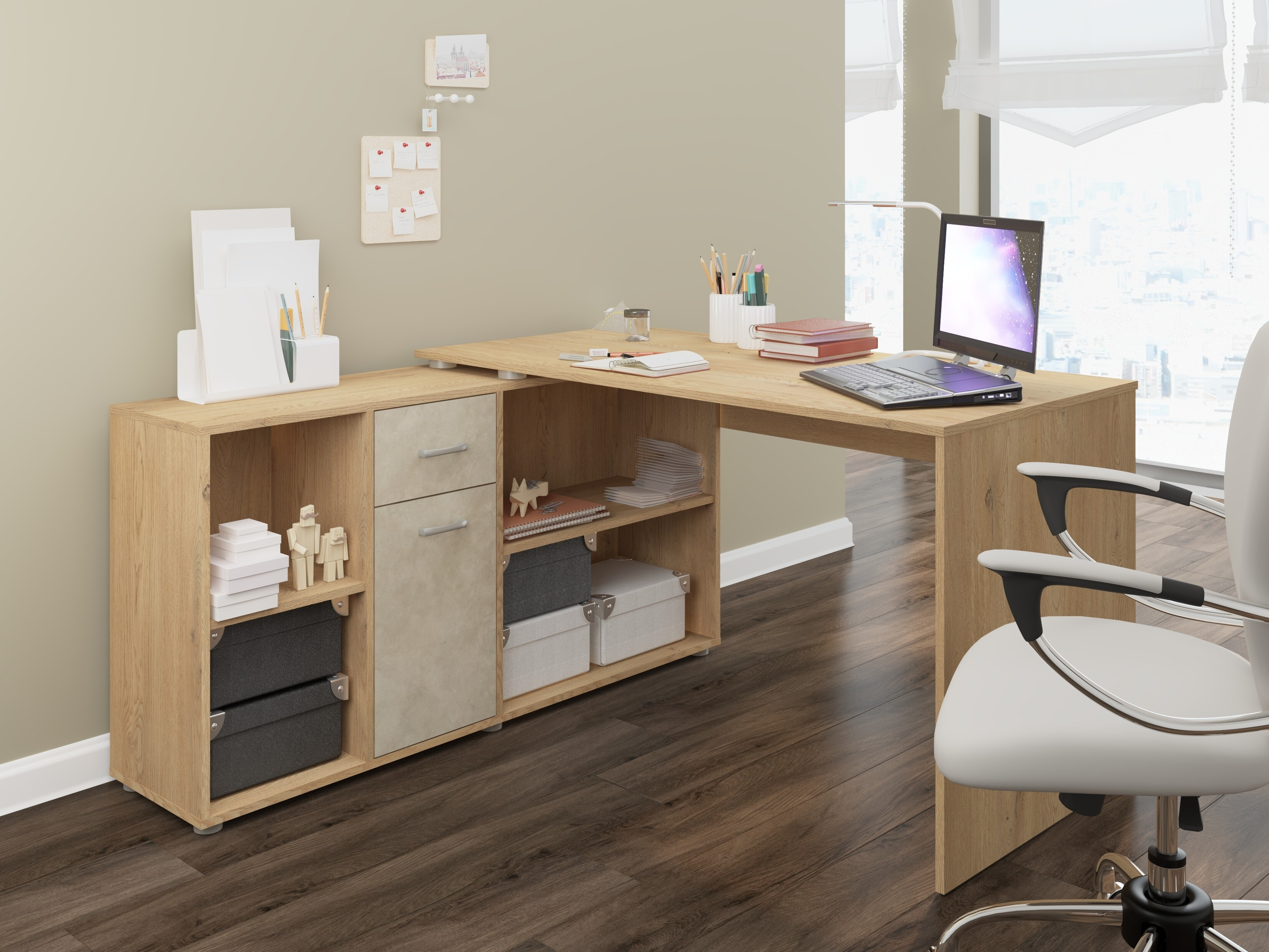 Scrivanie angolare Gilroy 113 (Rovere cremona + Beige)