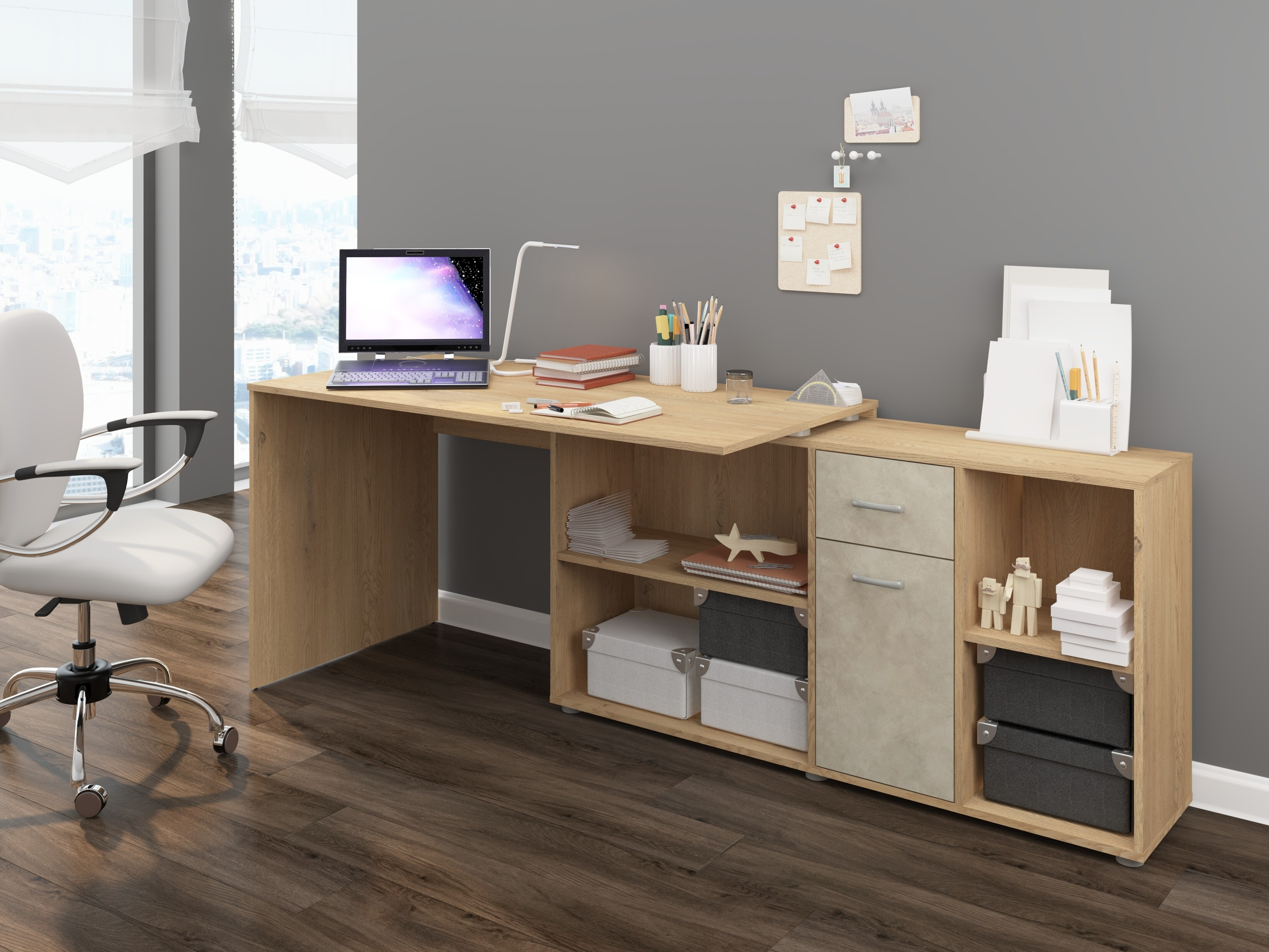 Scrivanie angolare Gilroy 113 (Rovere cremona + Beige)