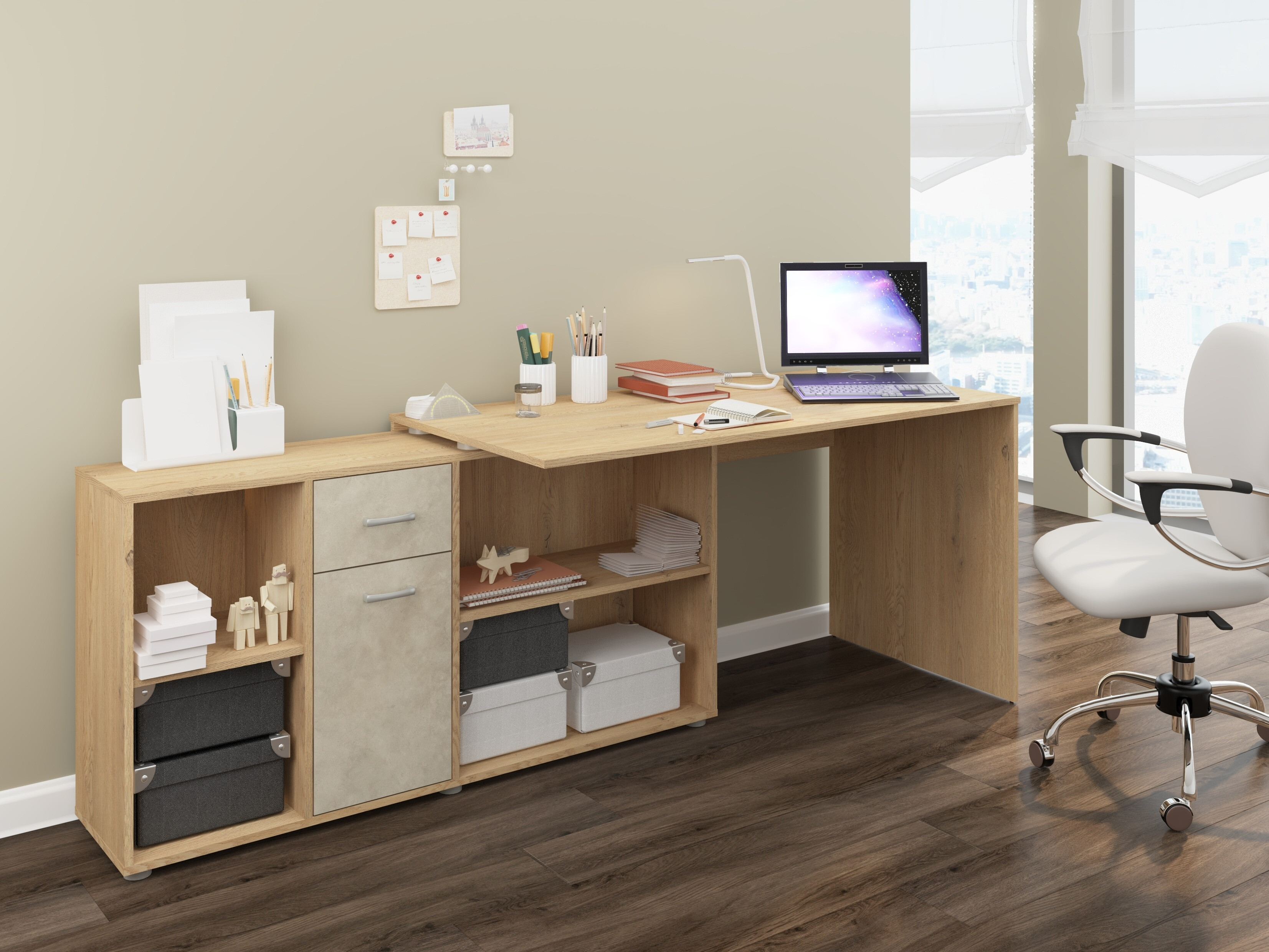 Scrivanie angolare Gilroy 113 (Rovere cremona + Beige)