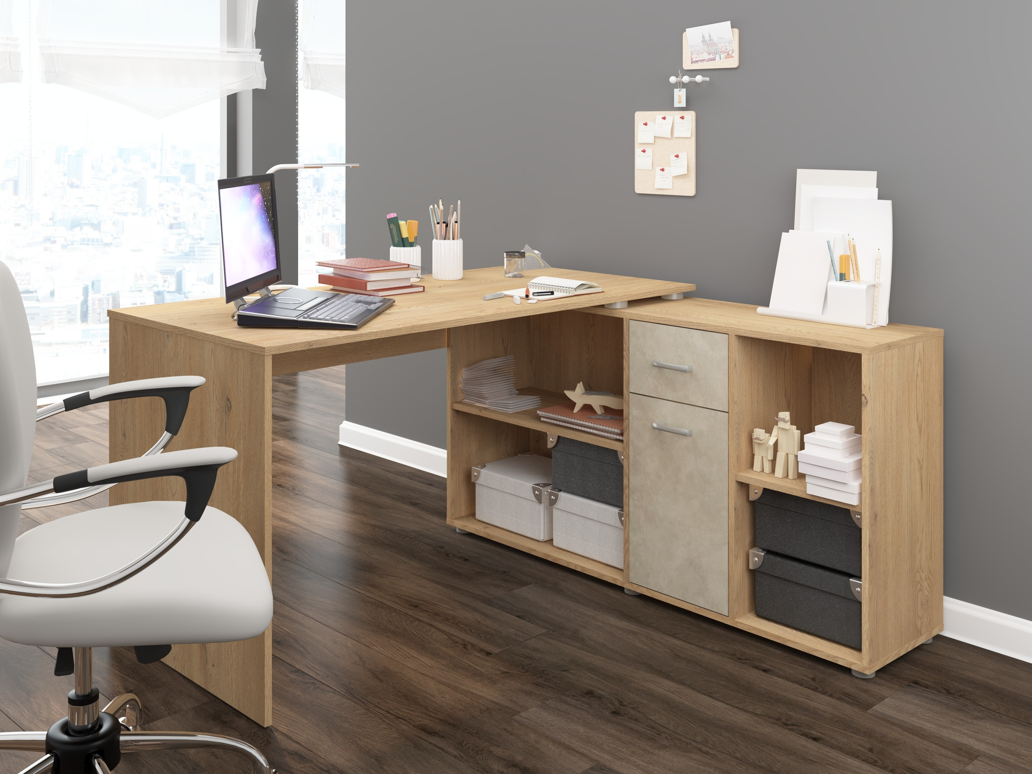 Scrivanie angolare Gilroy 113 (Rovere cremona + Beige)
