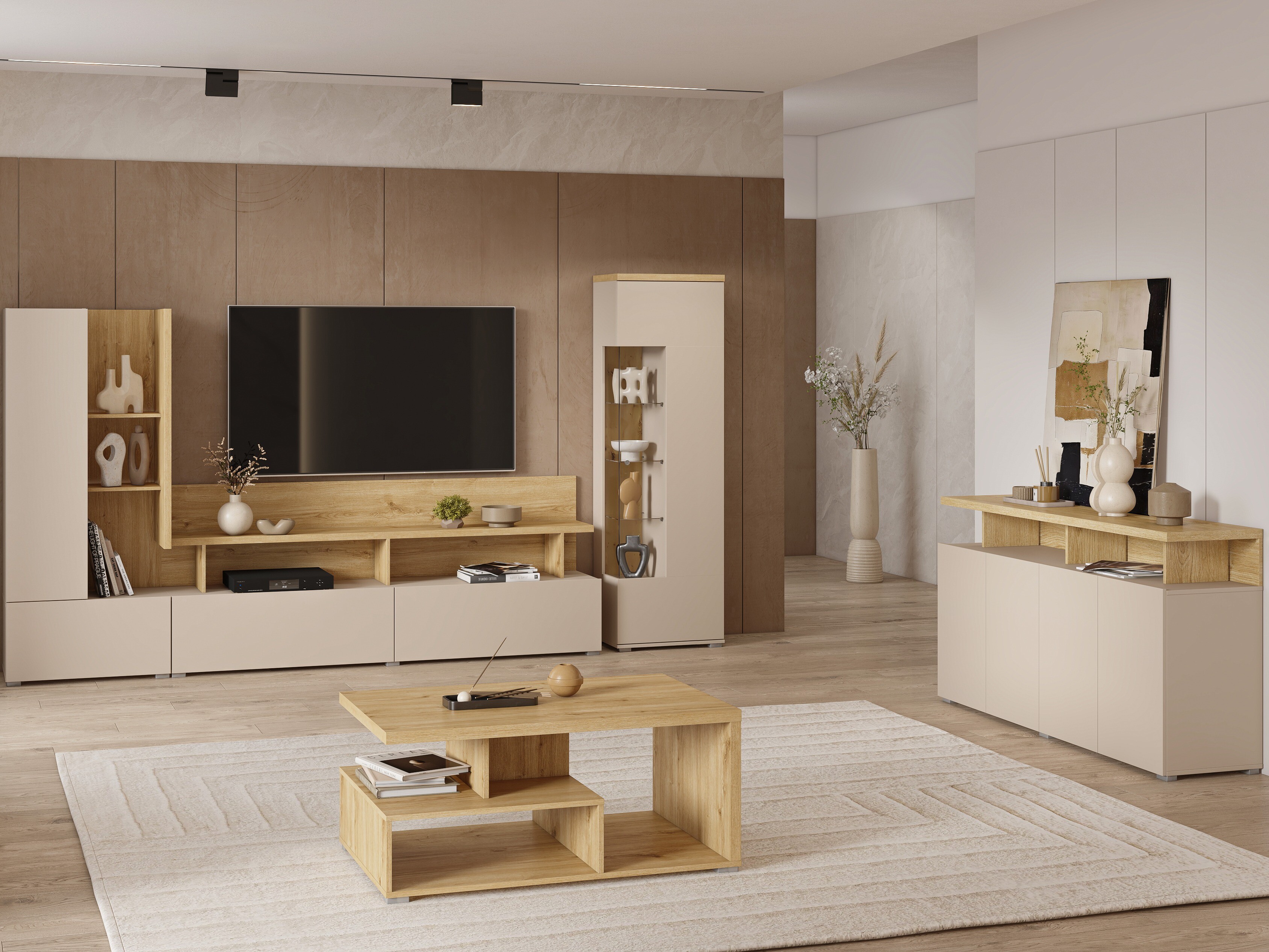 Parete attrezzata Virvele 103 (Cachemire + Rovere chiaro)