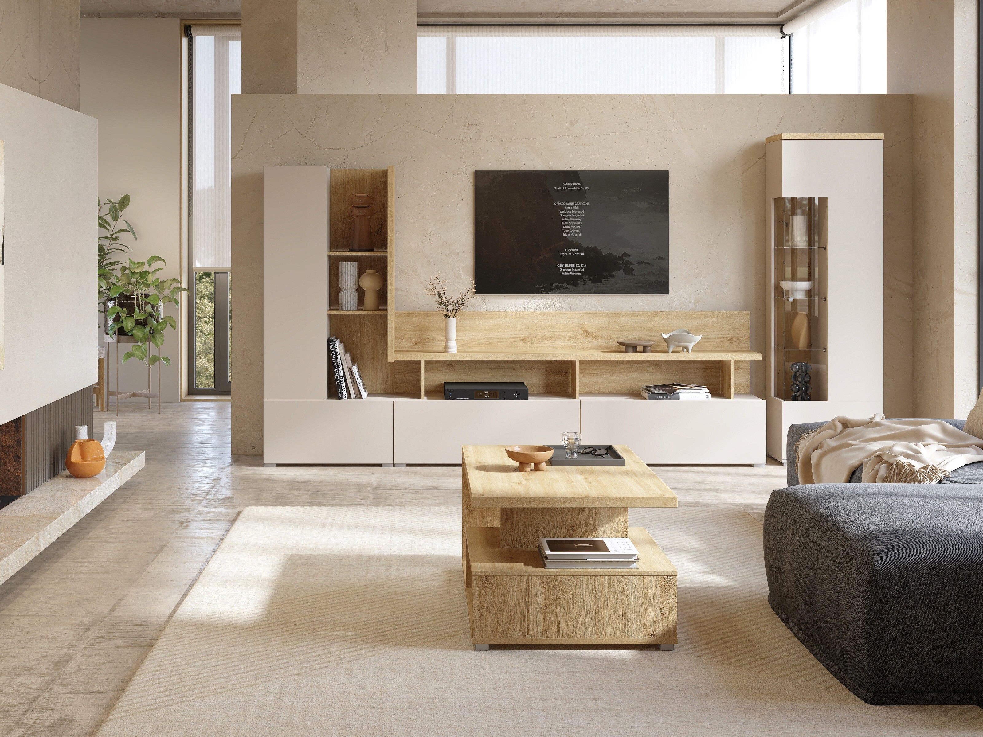 Parete attrezzata Virvele 101 (Cachemire + Rovere chiaro)