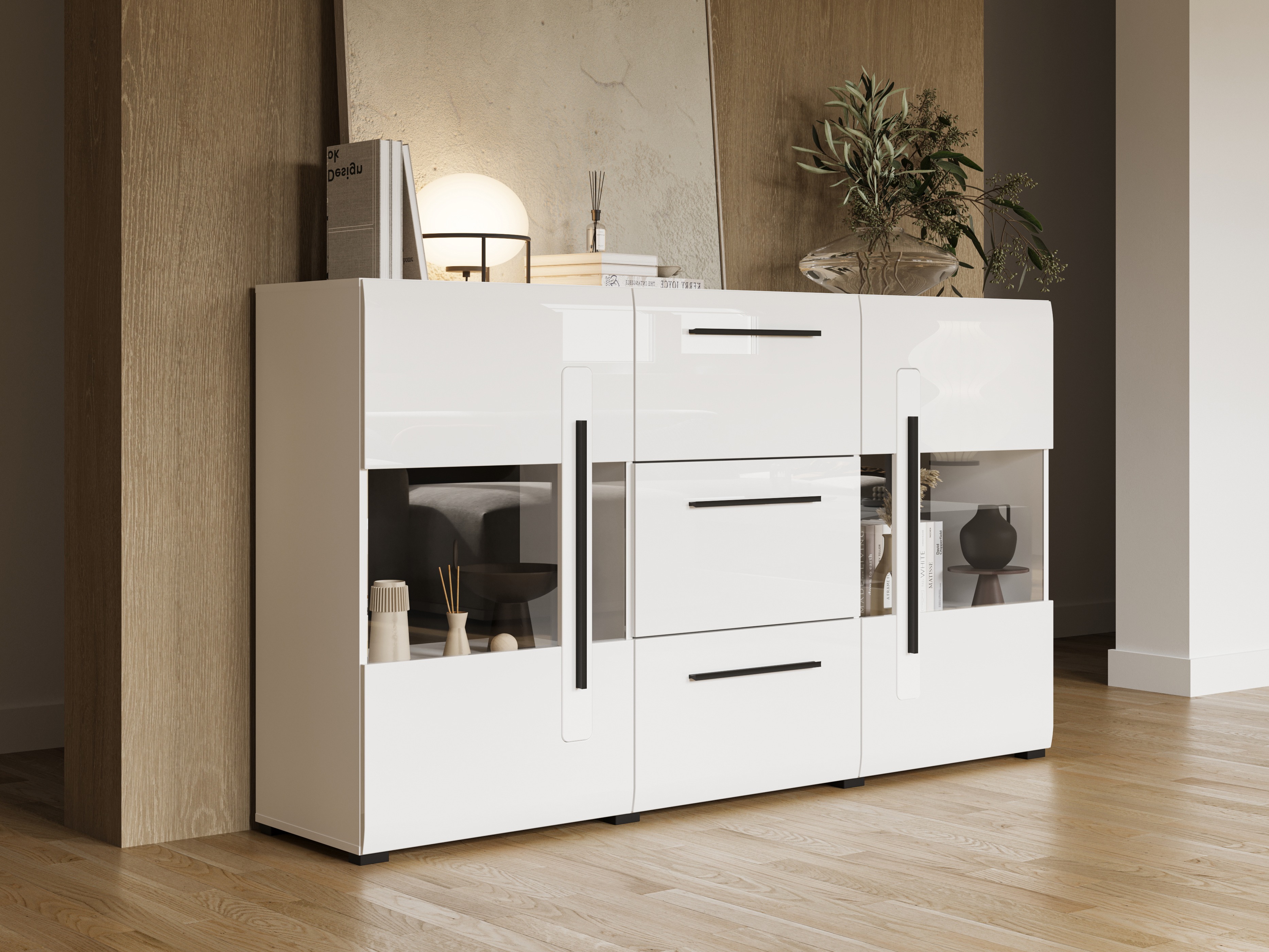Cassettiera Ophsalu 106 (Bianco + Bianco lucido)