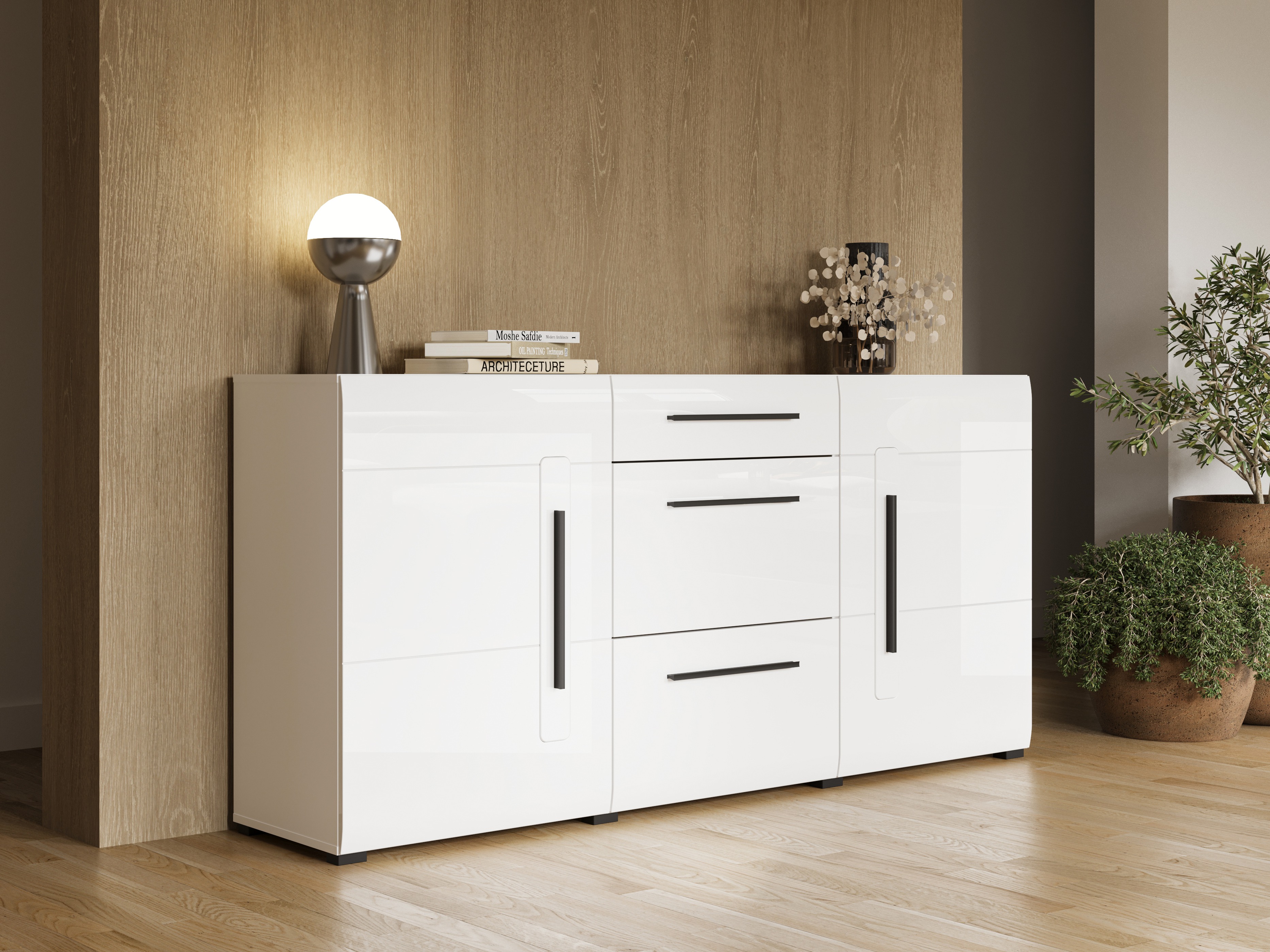Cassettiera Ophsalu 108 (Bianco + Bianco lucido)