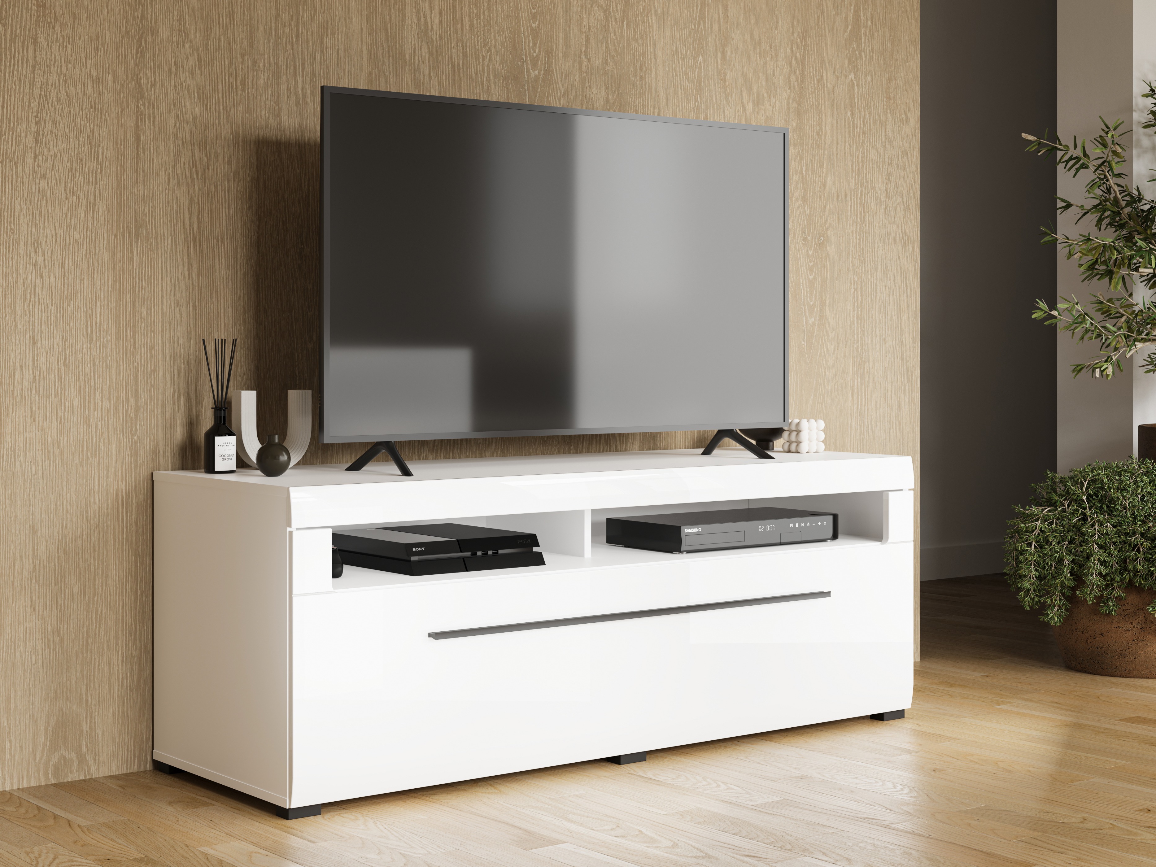 Mobile porta TV Ophsalu 103 (Bianco + Bianco lucido)