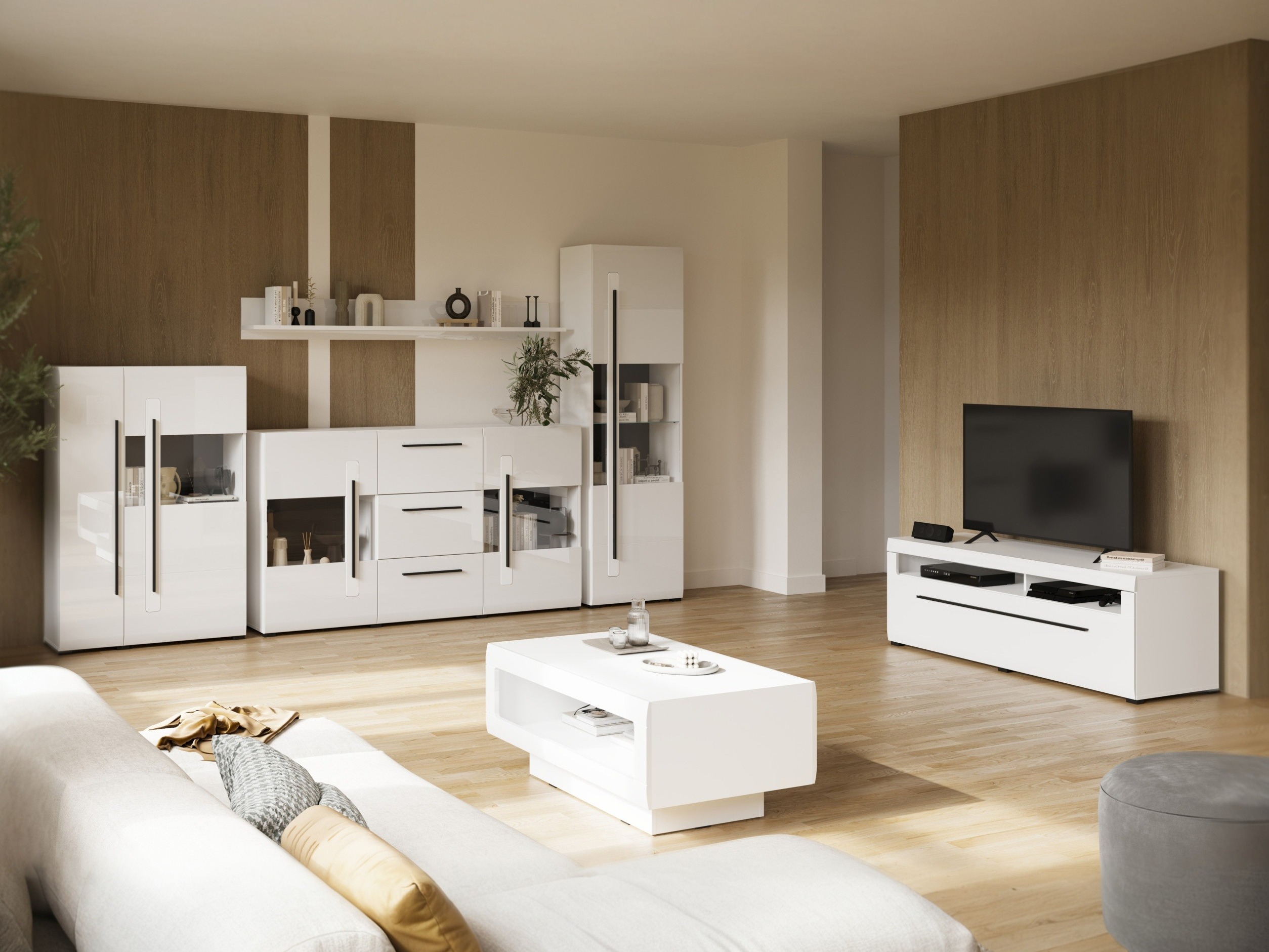 Mobile porta TV Ophsalu 103 (Bianco + Bianco lucido)