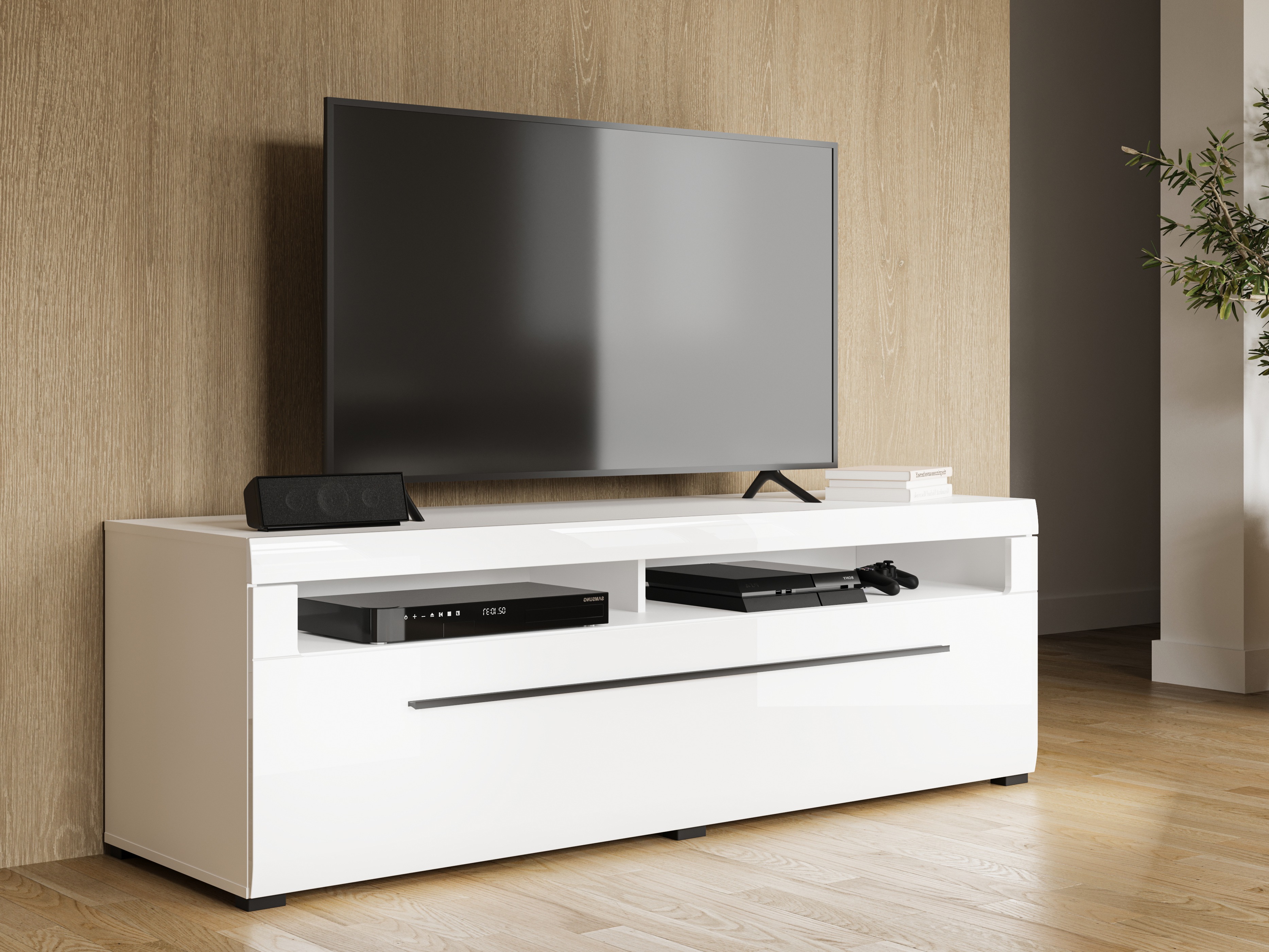 Mobile porta TV Ophsalu 104 (Bianco + Bianco lucido)