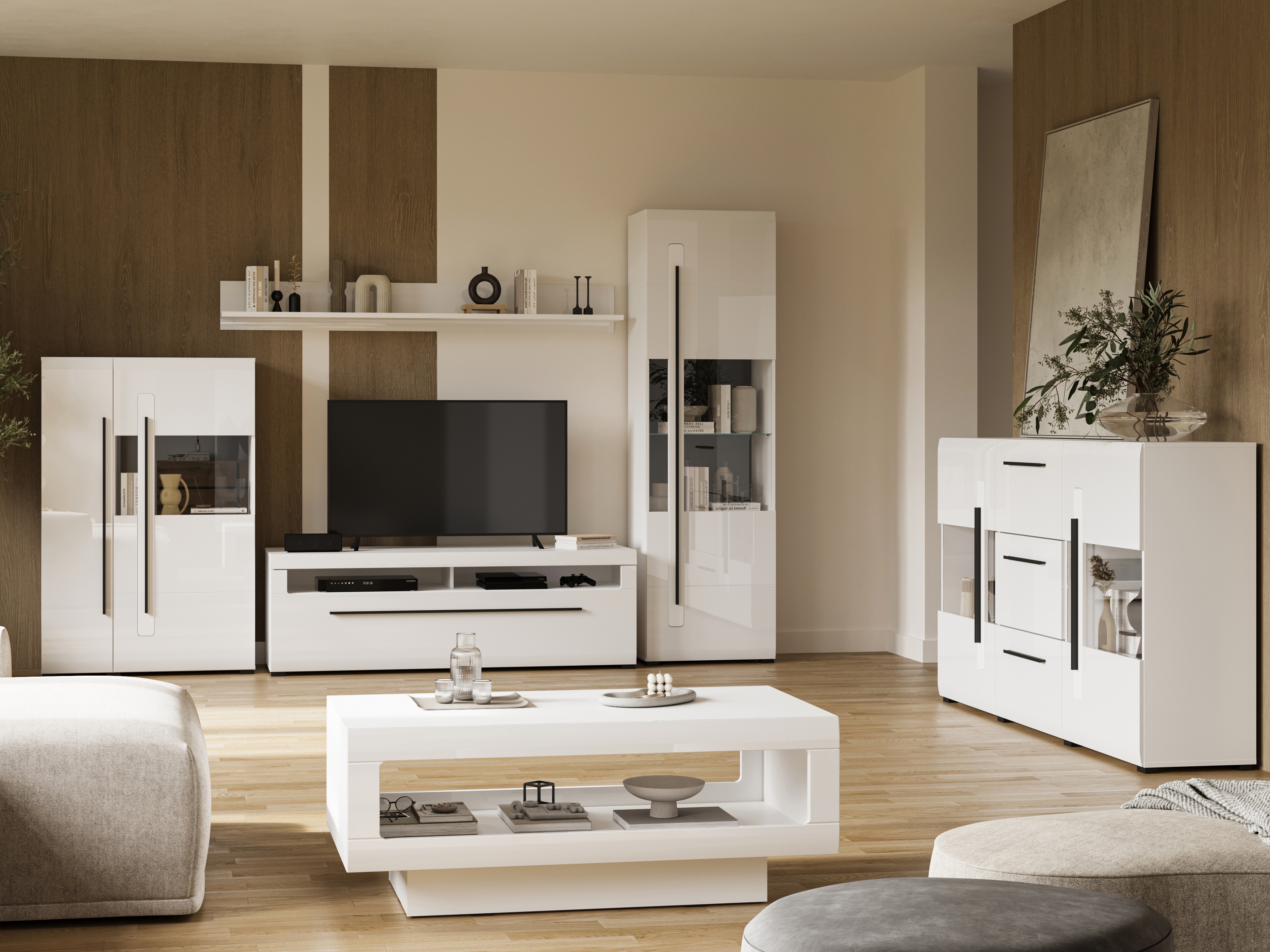 Mobile porta TV Ophsalu 104 (Bianco + Bianco lucido)