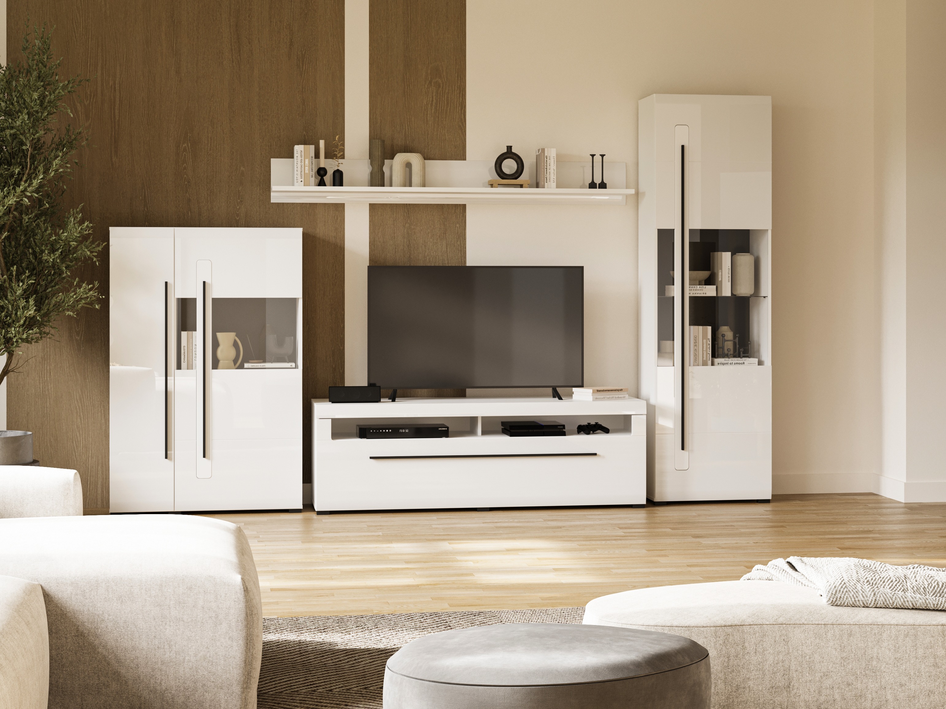 Parete attrezzata Ophsalu 111 (Bianco + Bianco lucido)