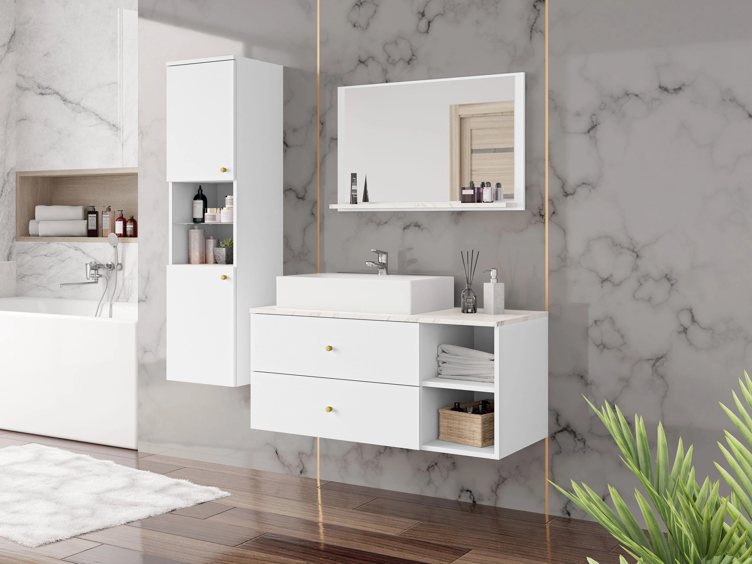 Specchio del bagno Salus (Bianco + Marmo bianco)
