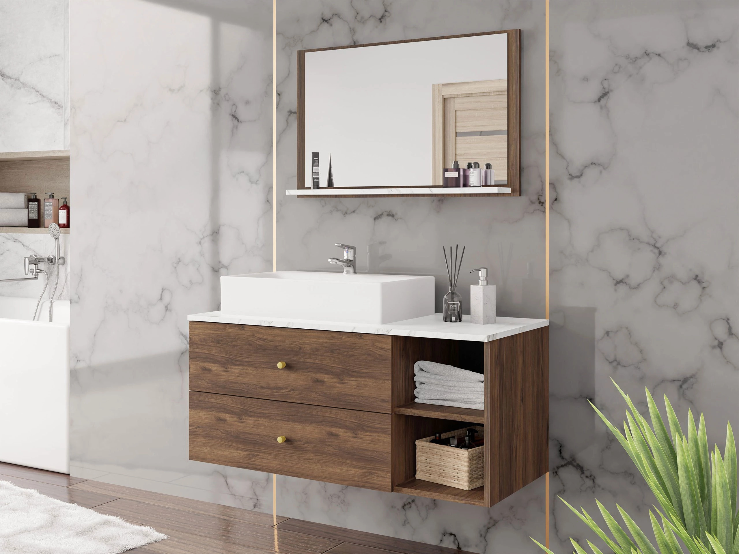 Specchio del bagno Salus (Noce + Marmo bianco)