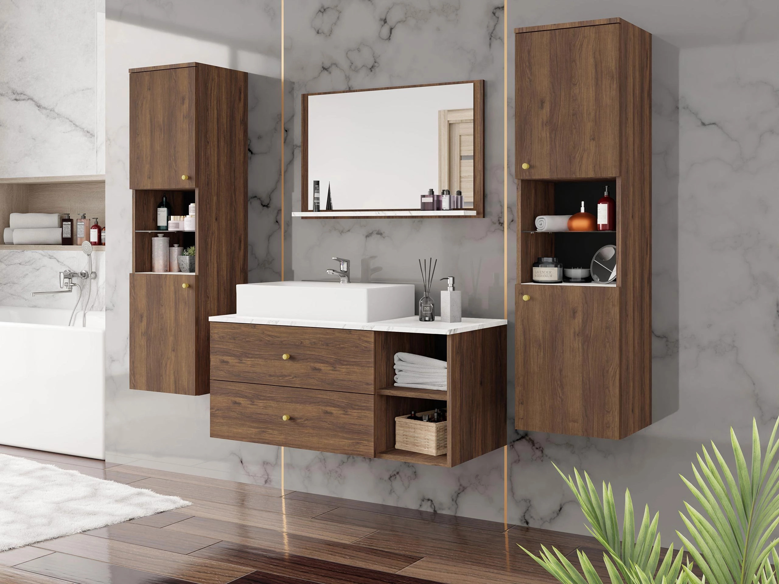 Comodino da bagno per lavandino Salus (Noce + Marmo bianco)