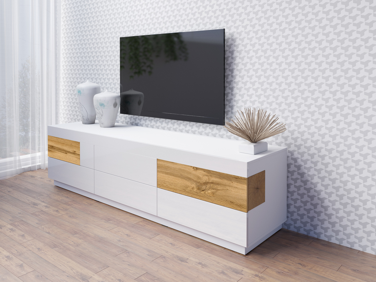 Mobile porta TV Livlore 102 (Bianco + Bianco lucido + Quercia di Wotan)