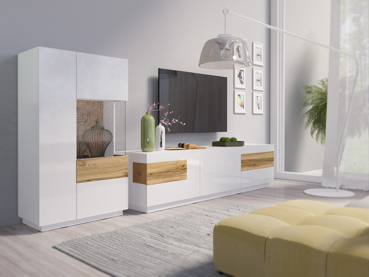 Mobile porta TV Livlore 102 (Bianco + Bianco lucido + Quercia di Wotan)