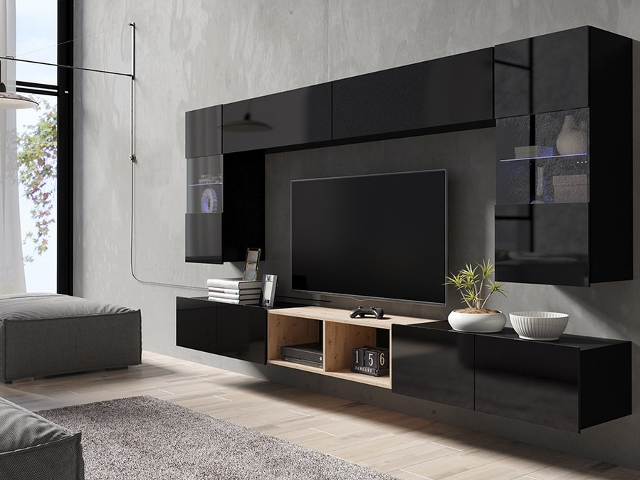 Parete attrezzata Remus XXIV (Nero + Nero lucido + Rovere Artisan)