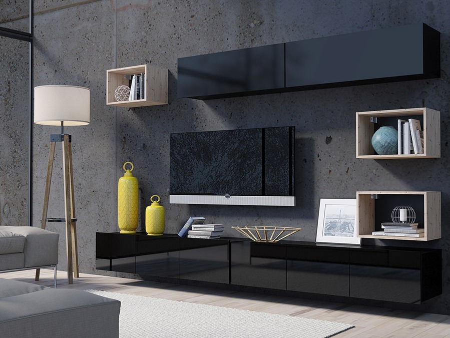 Parete attrezzata Remus XXXI (Nero + Nero lucido + Rovere Artisan)