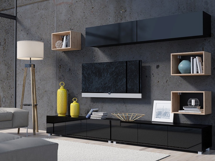 Parete attrezzata Remus XXXI (Nero + Nero lucido + Rovere Artisan)