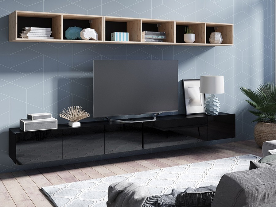 Parete attrezzata Remus XXXIII (Nero + Nero lucido + Rovere Artisan)