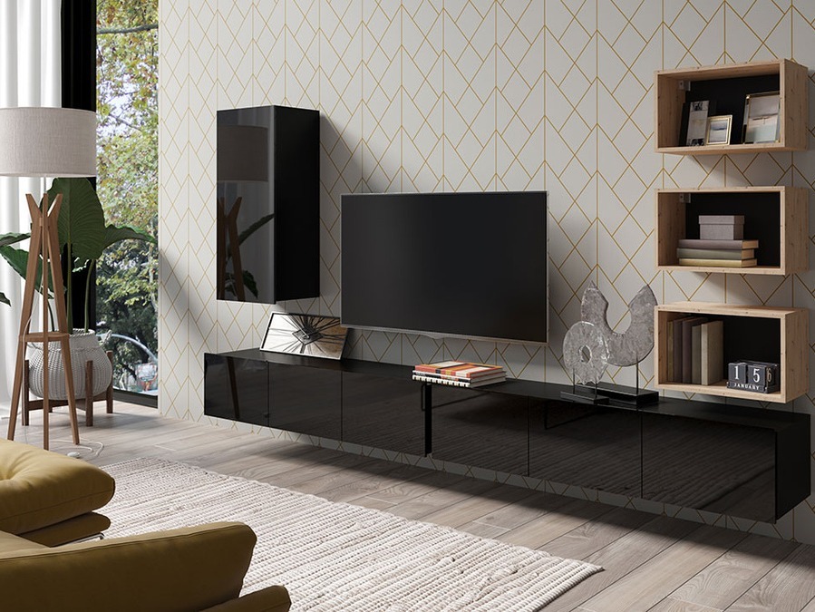 Set mobili soggiorno Tivdalu 156 (Nero + Nero lucido + Rovere Artisan)